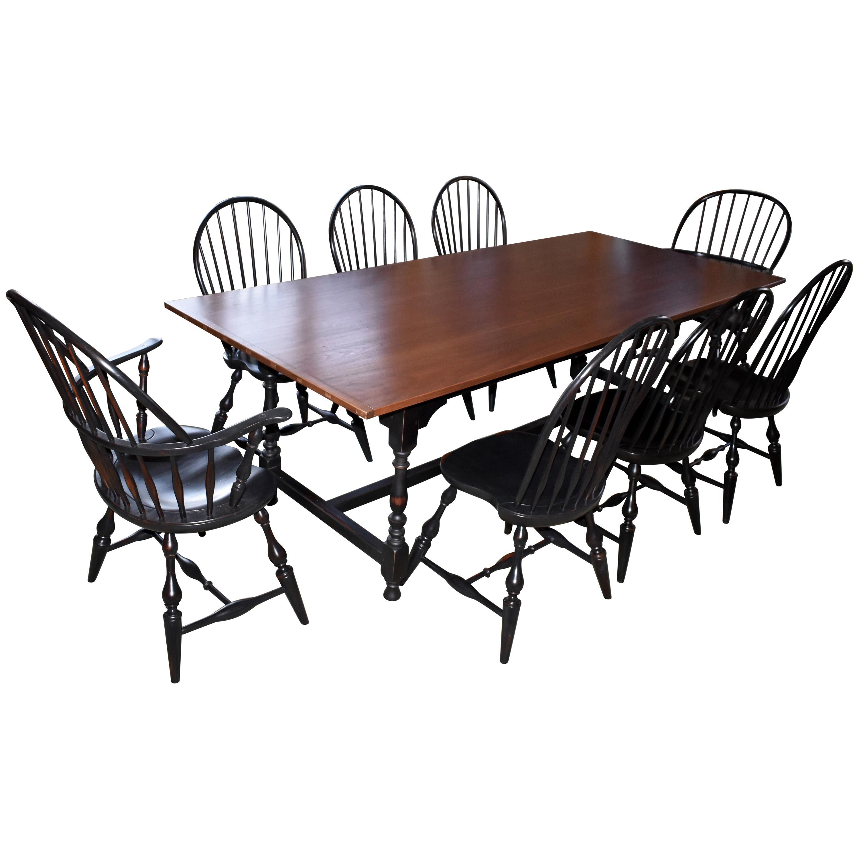 Tavern Table in Cherry, Black Base, 8 Matching Windsor Chairs, Reproduction For Sale