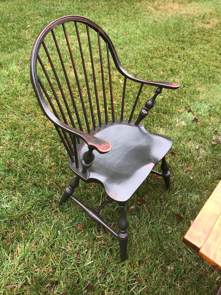 Tavern Table in Tiger Maple and Green Distressed Base, 6 Matching
