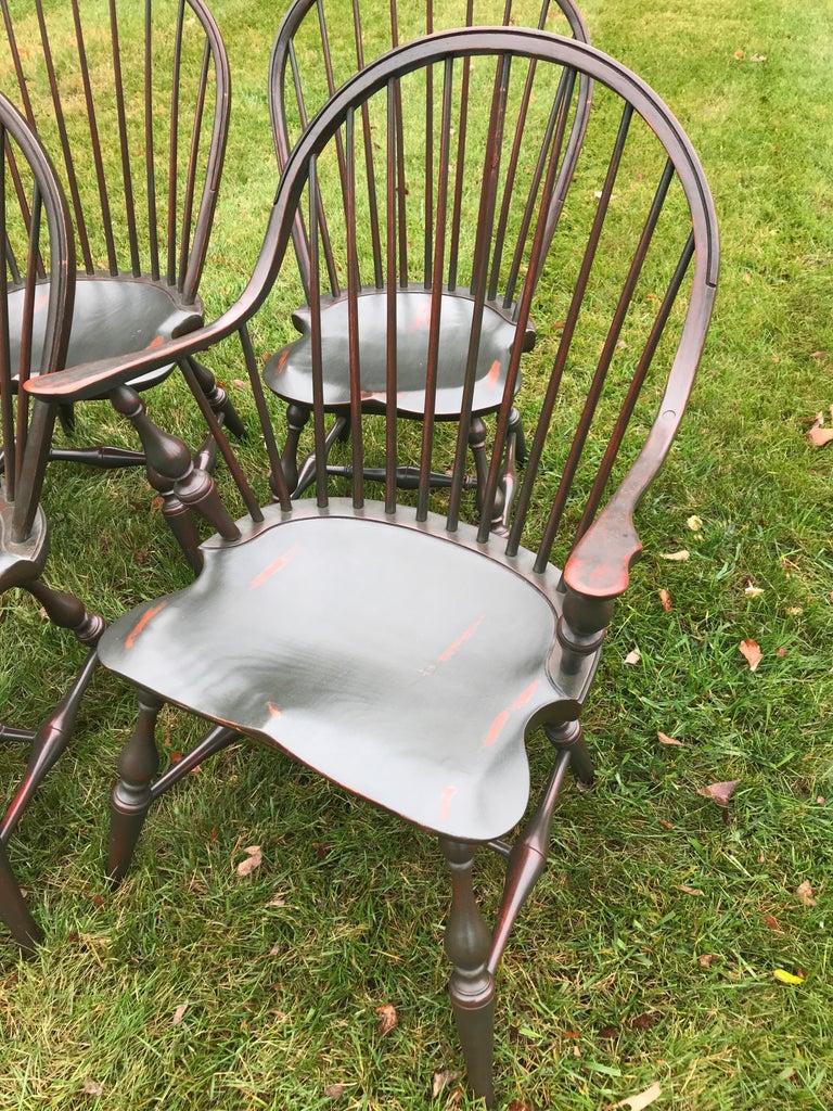 Tavern Table in Tiger Maple and Green Distressed Base, 6 Matching