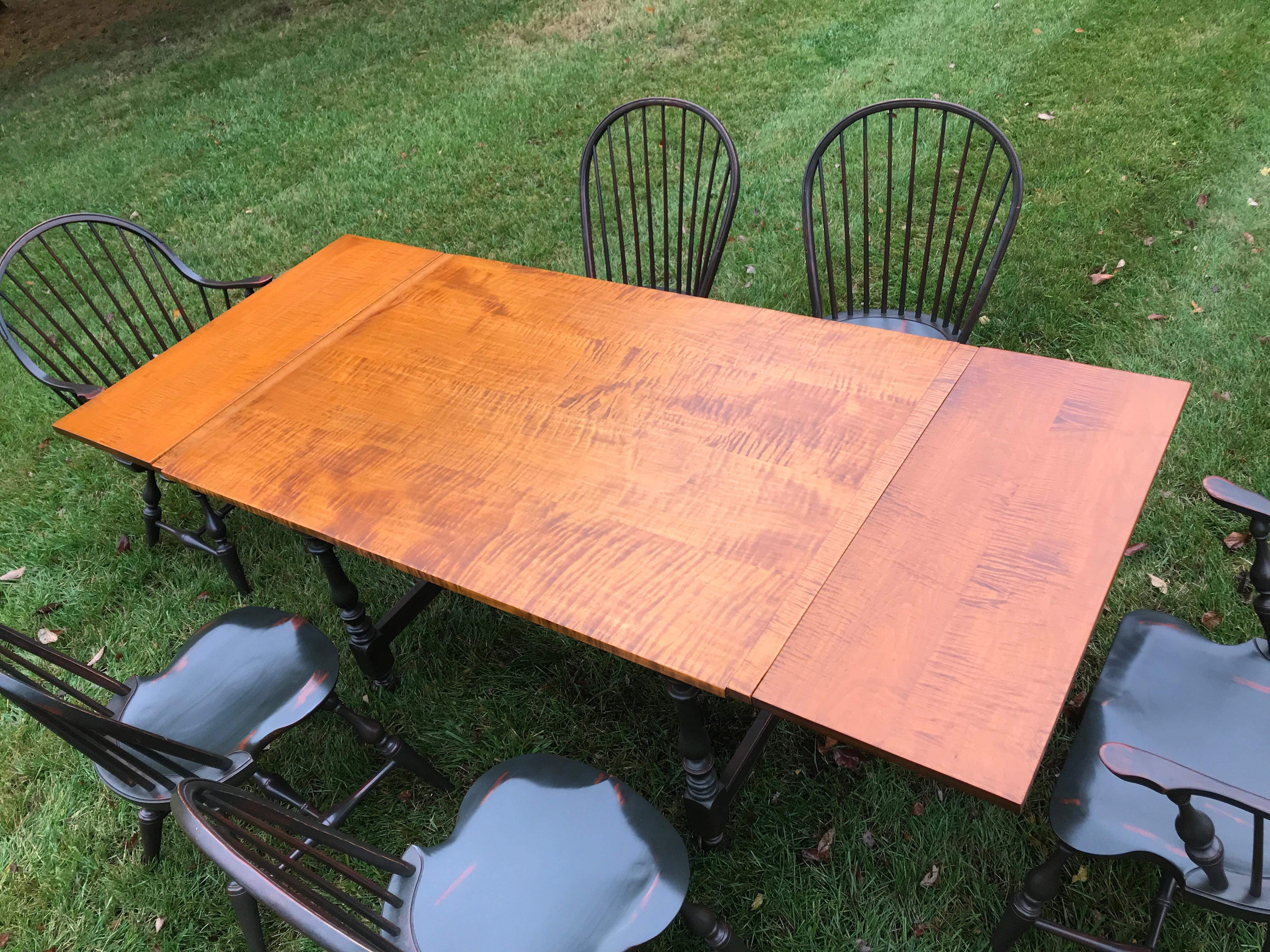 American Colonial Tavern Table in Tiger Maple and Green Distressed Base, 6 Matching Windsor Chairs