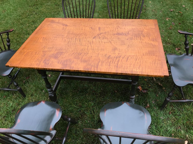 Tavern Table in Tiger Maple and Green Distressed Base, 6 Matching