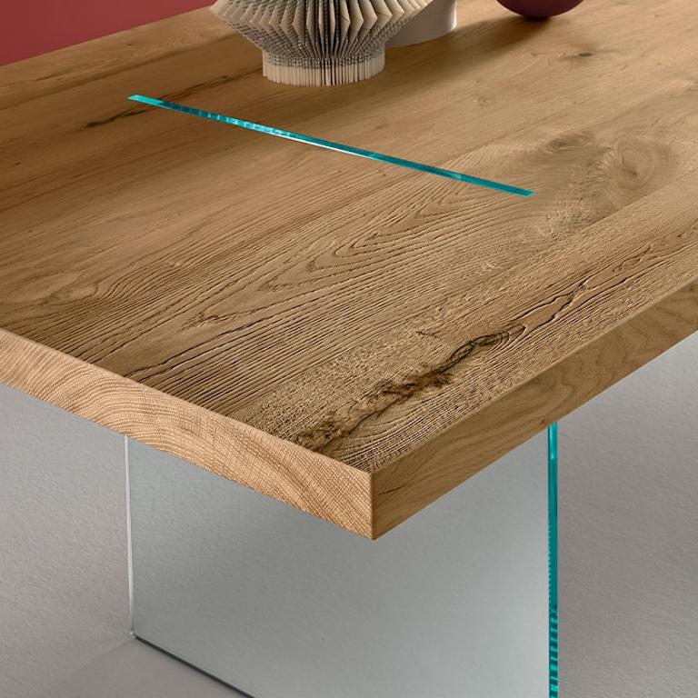 Glass Tavolante Aged Oak Dining Table. Designed by Marco Gaudenzi, Made in Italy For Sale