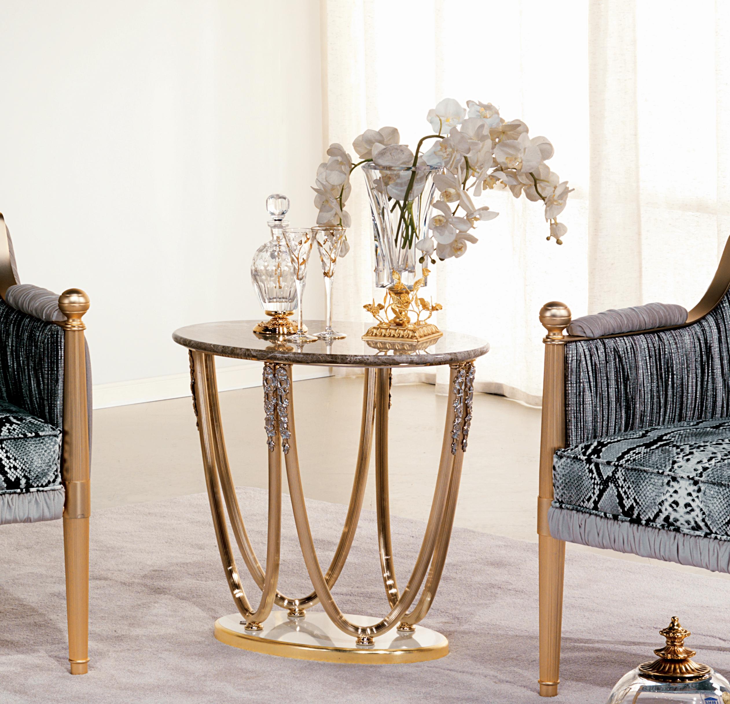This elegant side table exudes timeless sophistication with its impeccable design and luxurious materials. The Emperador Light marble top is the centerpiece, featuring a soft, warm color palette with exquisite veining that adds natural charm and