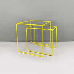 Italian modern yellow metal rod structure coffee tables with glass top, 1970s