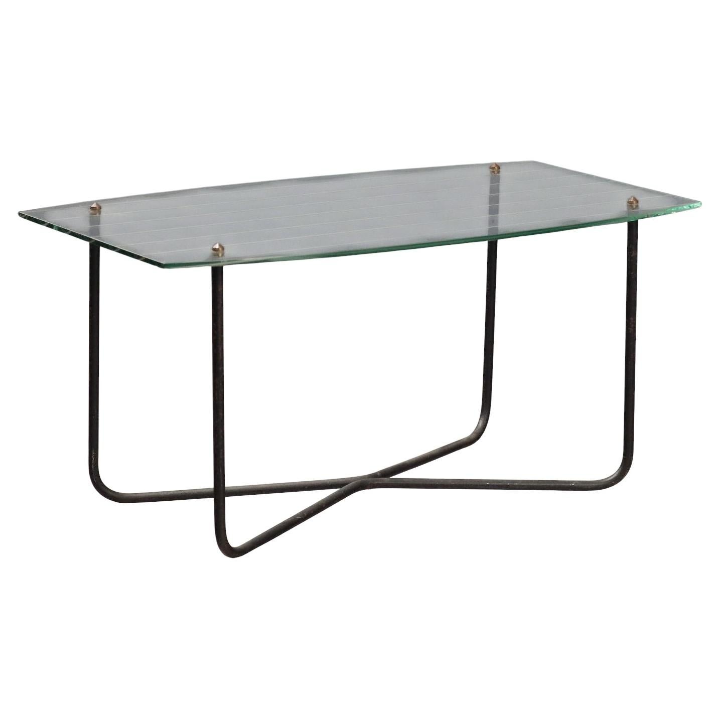 1950s coffee table by Jacques Hitier with a rectangular glass top. For Sale
