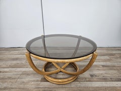 1970er runder Couchtisch aus Bambus und Rauchglas