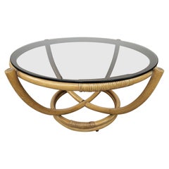 1970s round coffee table made of bamboo and smoked glass