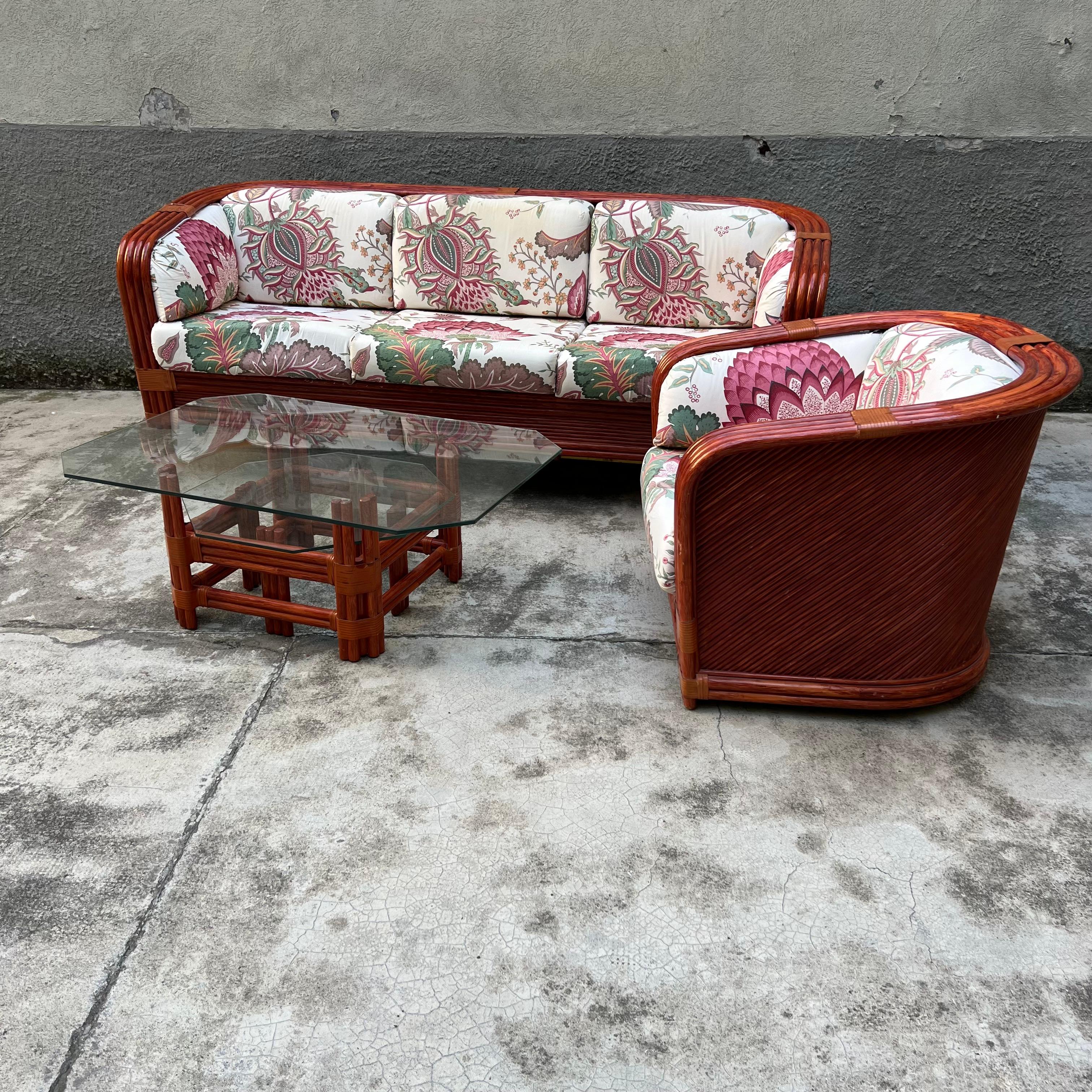 Mesa baja de bambú y cristal con dos estantes -  Maugrion/Roche Bobois - Francia - Años 80 en venta 4