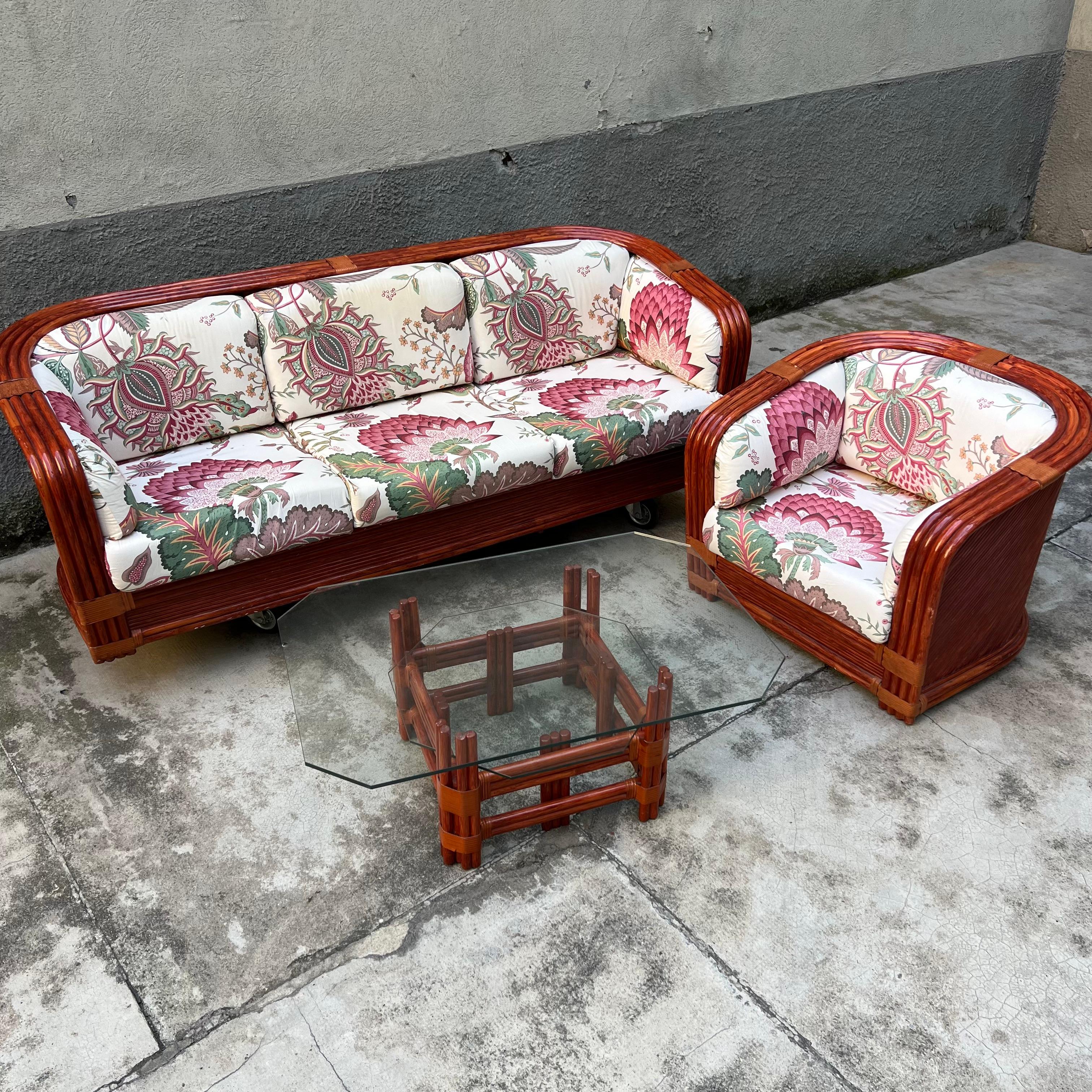 Mesa baja de bambú y cristal con dos estantes -  Maugrion/Roche Bobois - Francia - Años 80 en venta 5