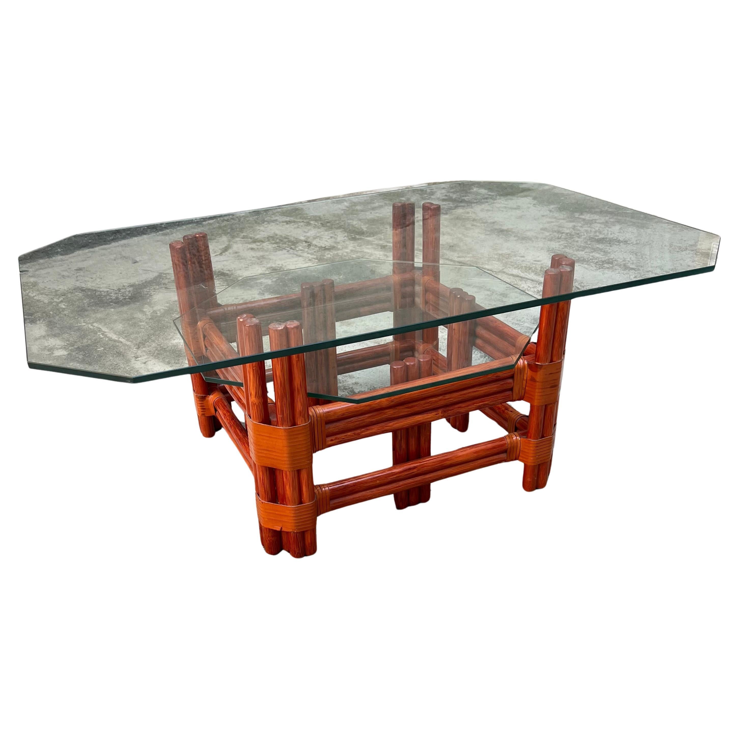 Table basse à deux plateaux en bambou et verre -  Maugrion/Roche Bobois - France - Années 80