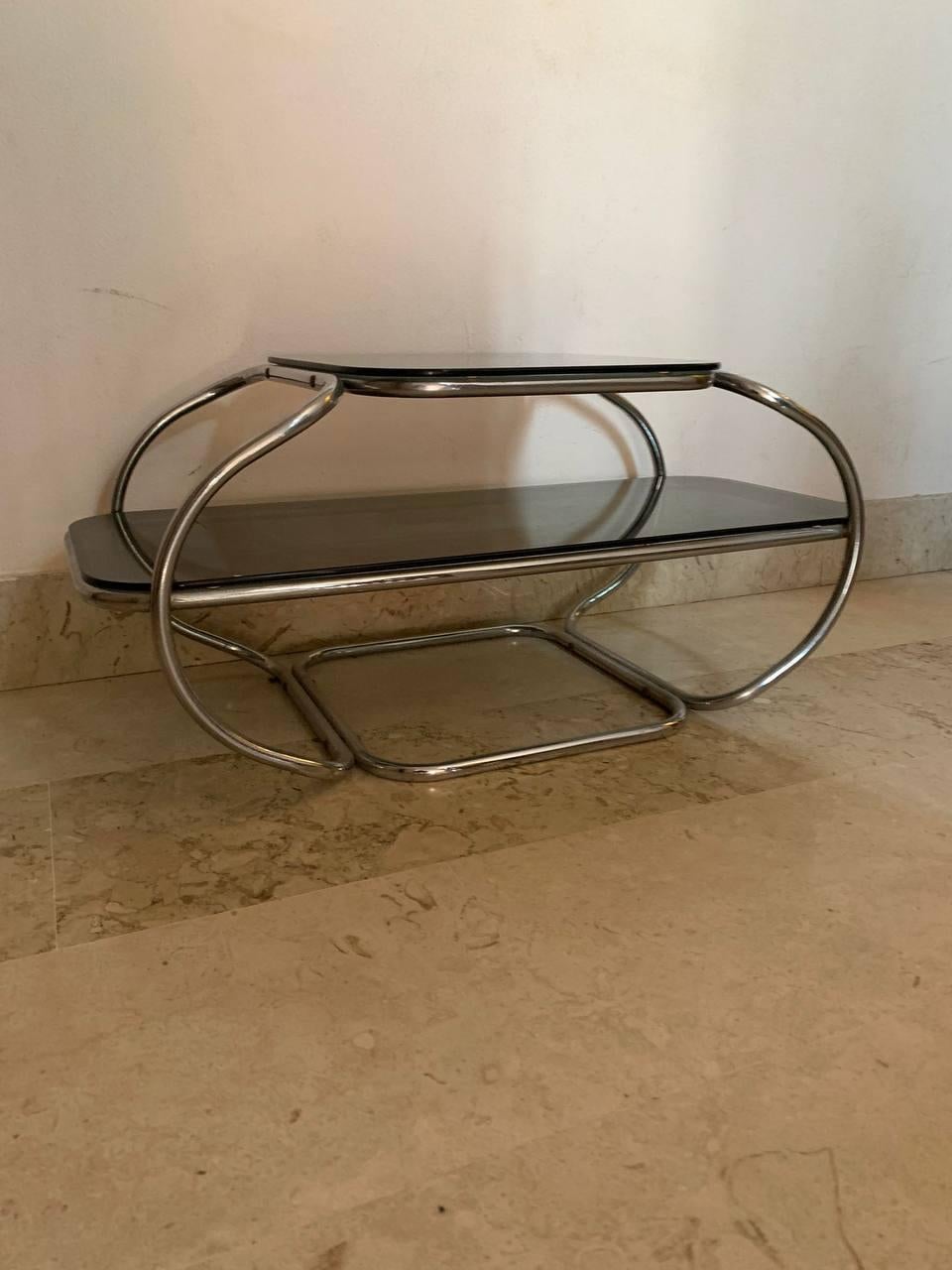Space Age Low curved chrome-plated coffee table 2 tops 1960s 20th century. For Sale