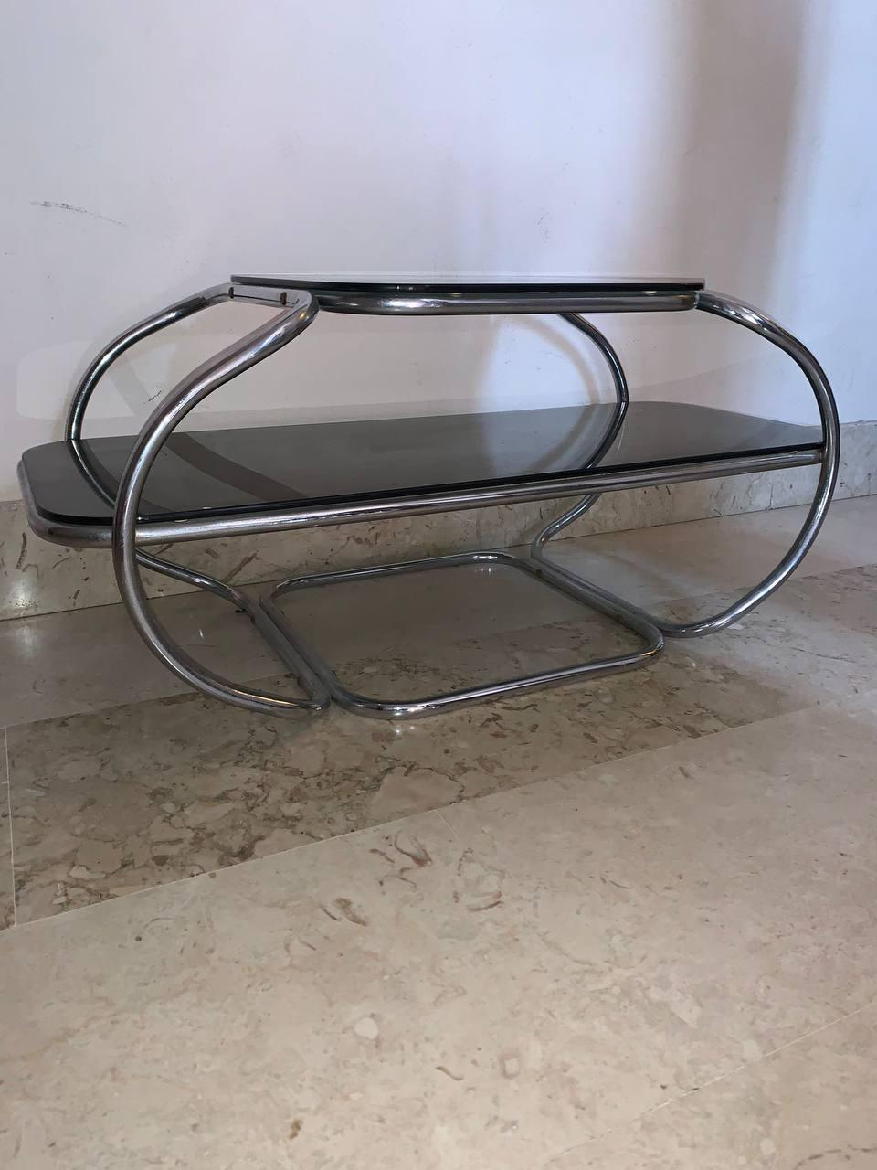 Italian Low curved chrome-plated coffee table 2 tops 1960s 20th century. For Sale