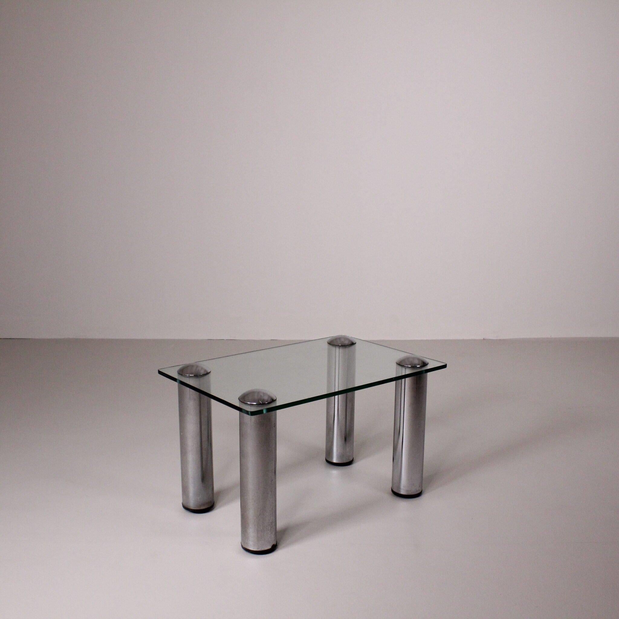 Space Age Low glass and steel coffee table, Manifattura Italiana, circa 1970 For Sale