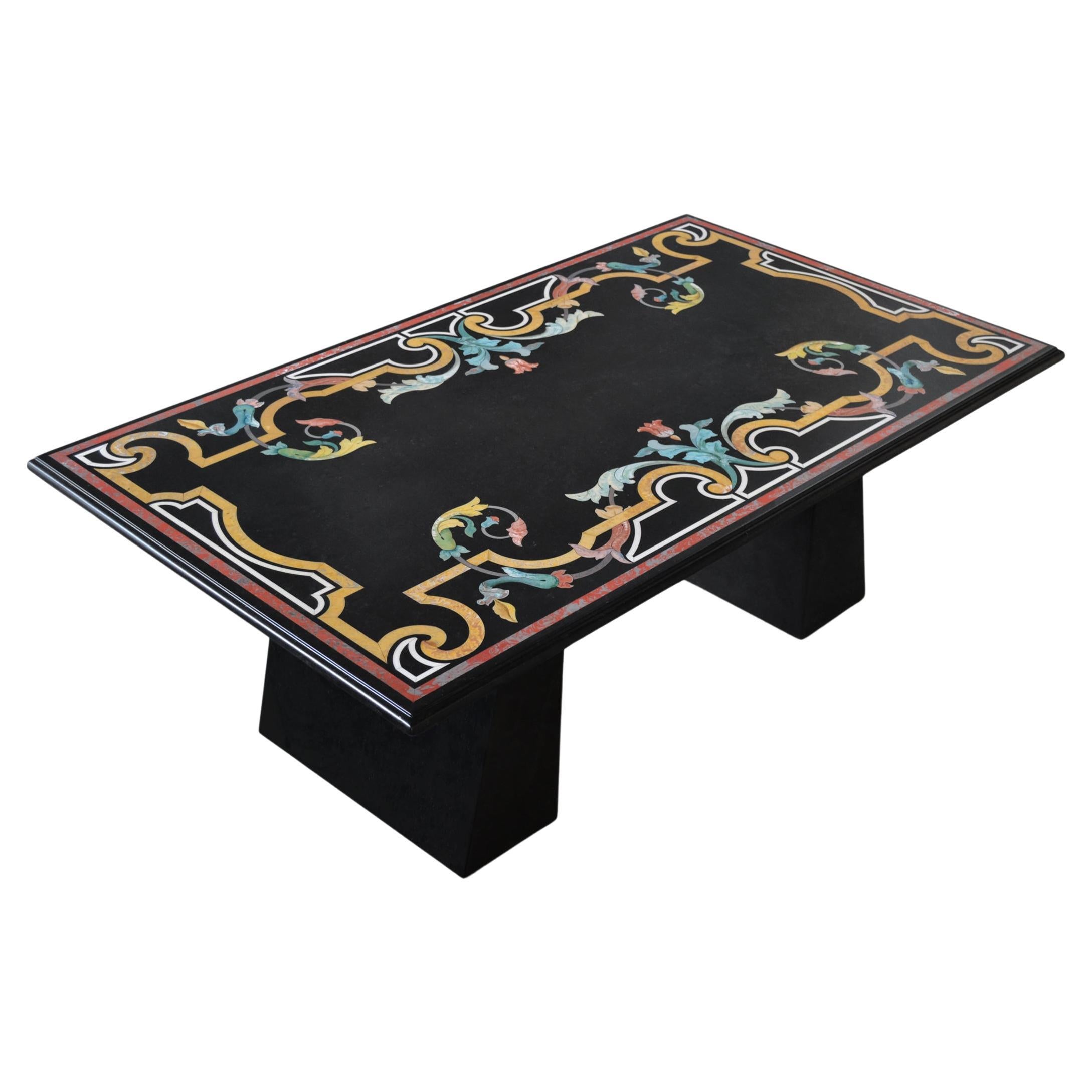 Black marble inlaid low coffee table, and black lacquered wood bases, made in Italy For Sale