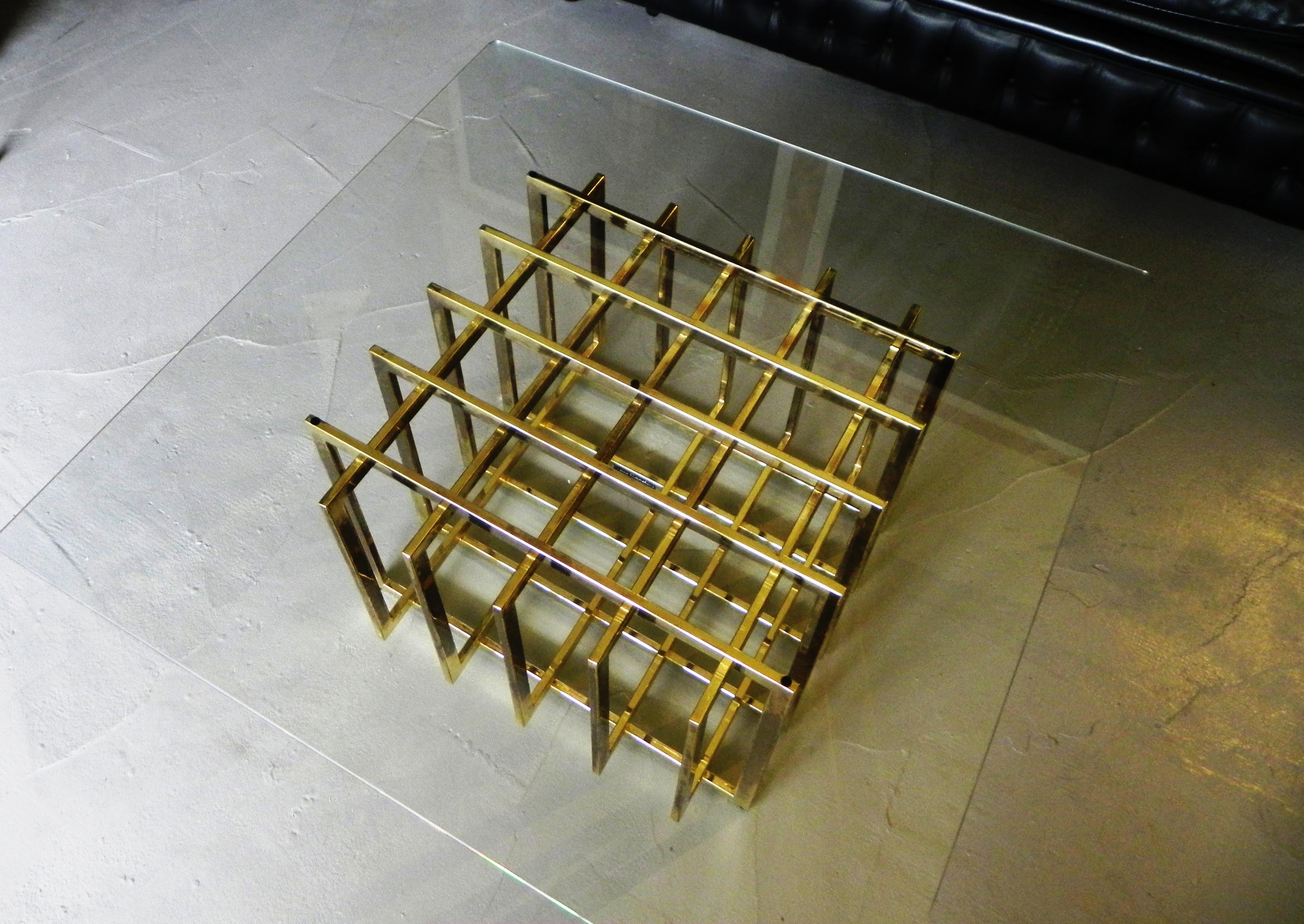 base for coffee table mod Bird Cage, by Pierre Cardin. Paris .brass-plated steel cube, with movement from cube to rhombus. this frame is very neat and of a great level of workmanship. each steel bar is fixed with small allen bolts on bottom. the