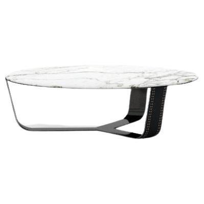 Alpha center coffee table, metal frame with leather inserts, marble top