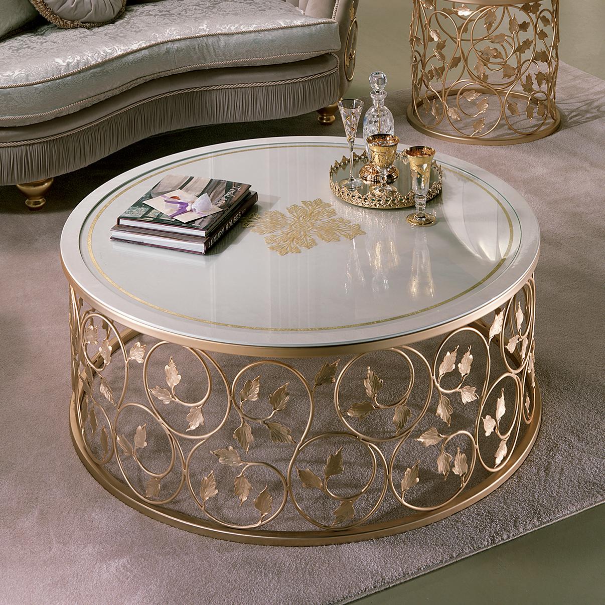 We enthusiastically introduce our AQ035 center table, enhanced by a wrought-iron base with hand-formed leaves and later galvanized in 24-karat gold. This piece of furniture represents a perfect blend of classic elegance and contemporary