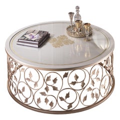 Table basse centrale avec base en fer forgé et plateau en bois et verre AQ034