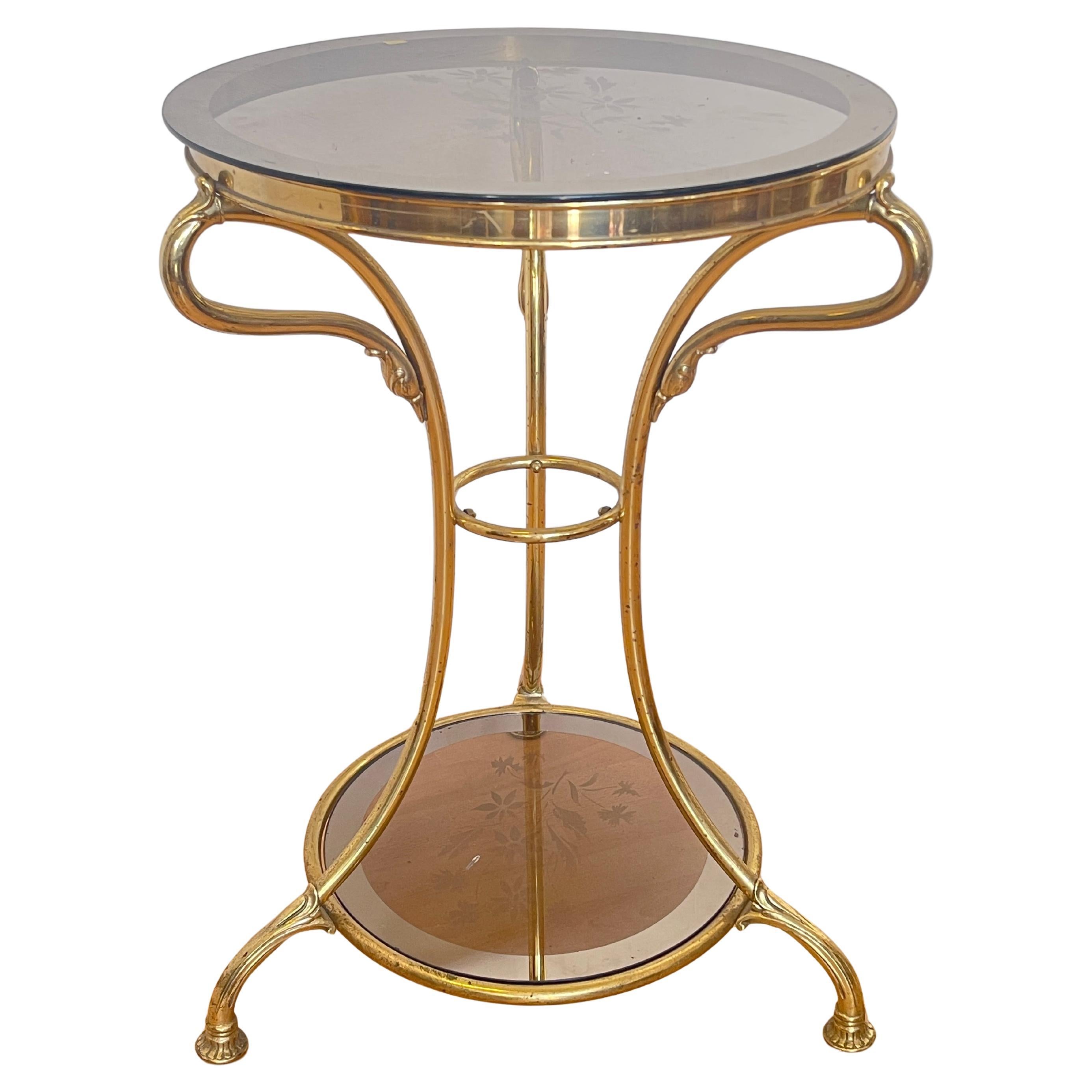 Coffee Table with Gilt Brass Base and Decorated Glass Top, 1990s