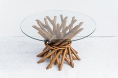 Round bamboo coffee table with glass top, 1970s