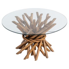 Round bamboo coffee table with glass top, 1970s