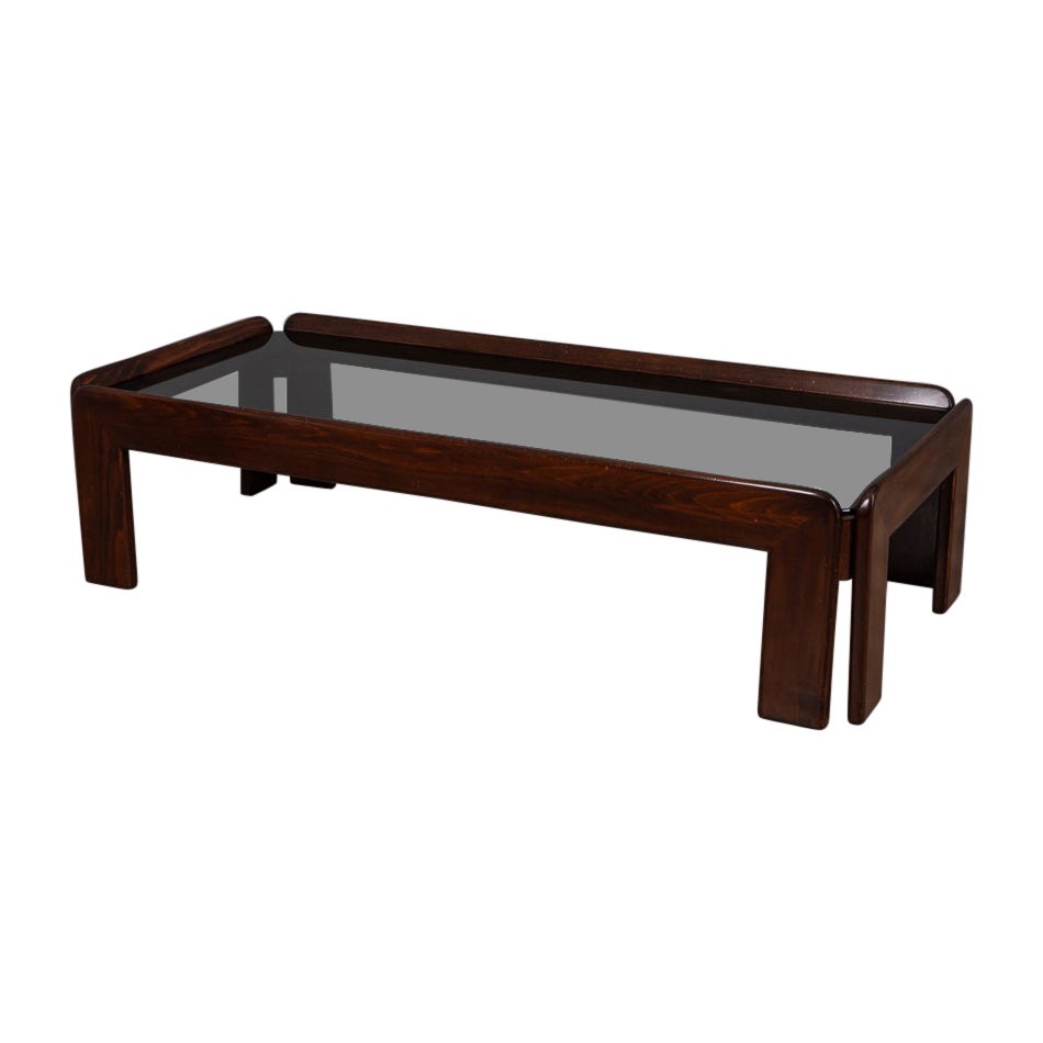 Tavolino da caffè vintage anni 
70 in legno e vetro design Afra e Tobia Scarpa