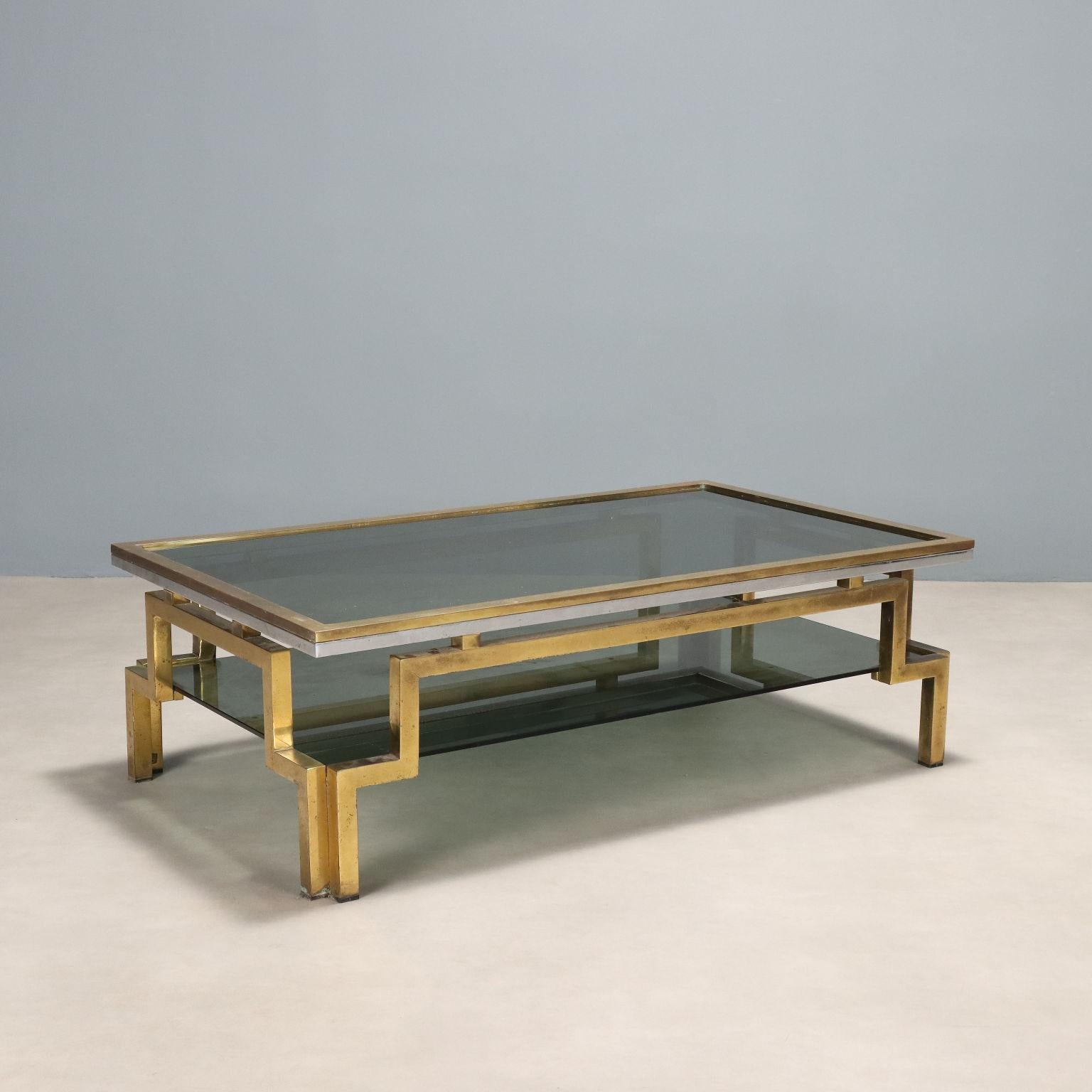 Vintage coffee table with metal and brass frame, top in rectangular shape of smoked glass.