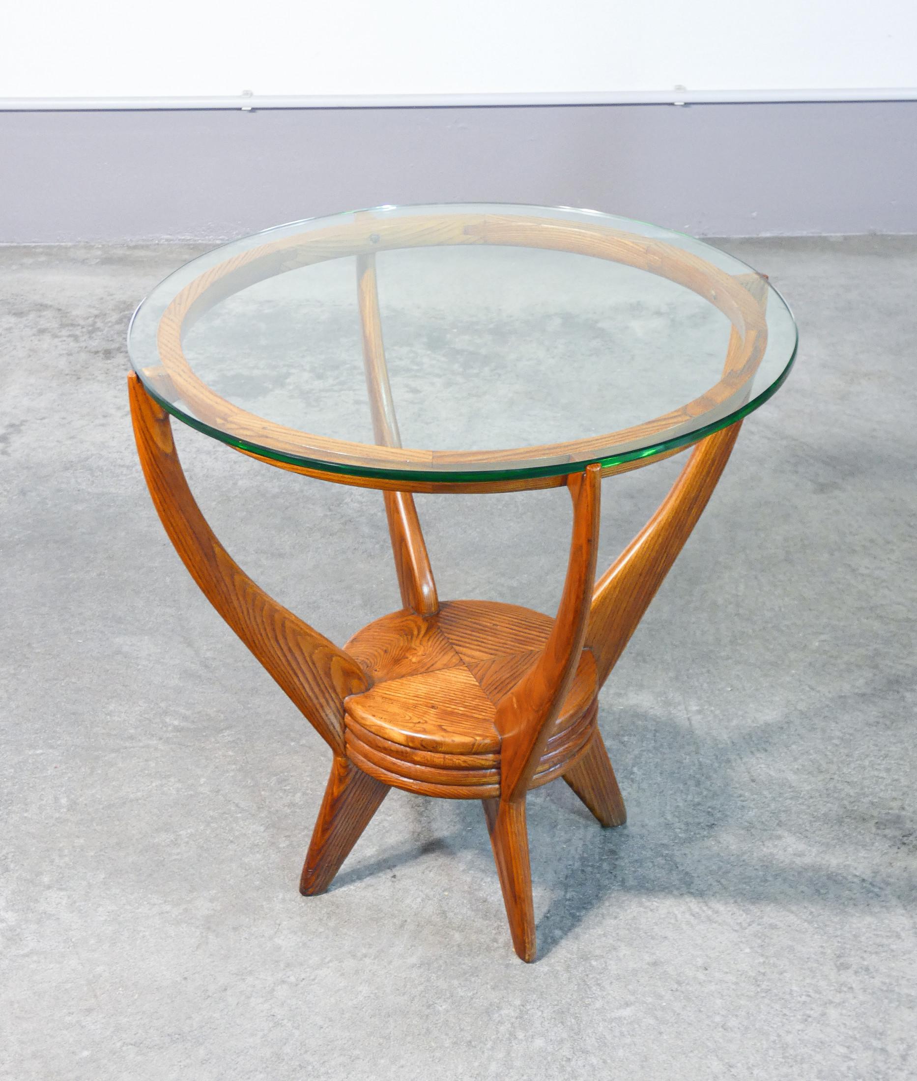 Mesa de centro de diseño italiano de los años 40 en madera y tapa de cristal circular Art Decó en venta