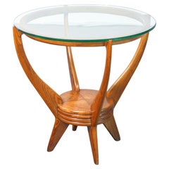 Tavolino da fumo di design italiano anni 40, in legno e piano circolare in vetro