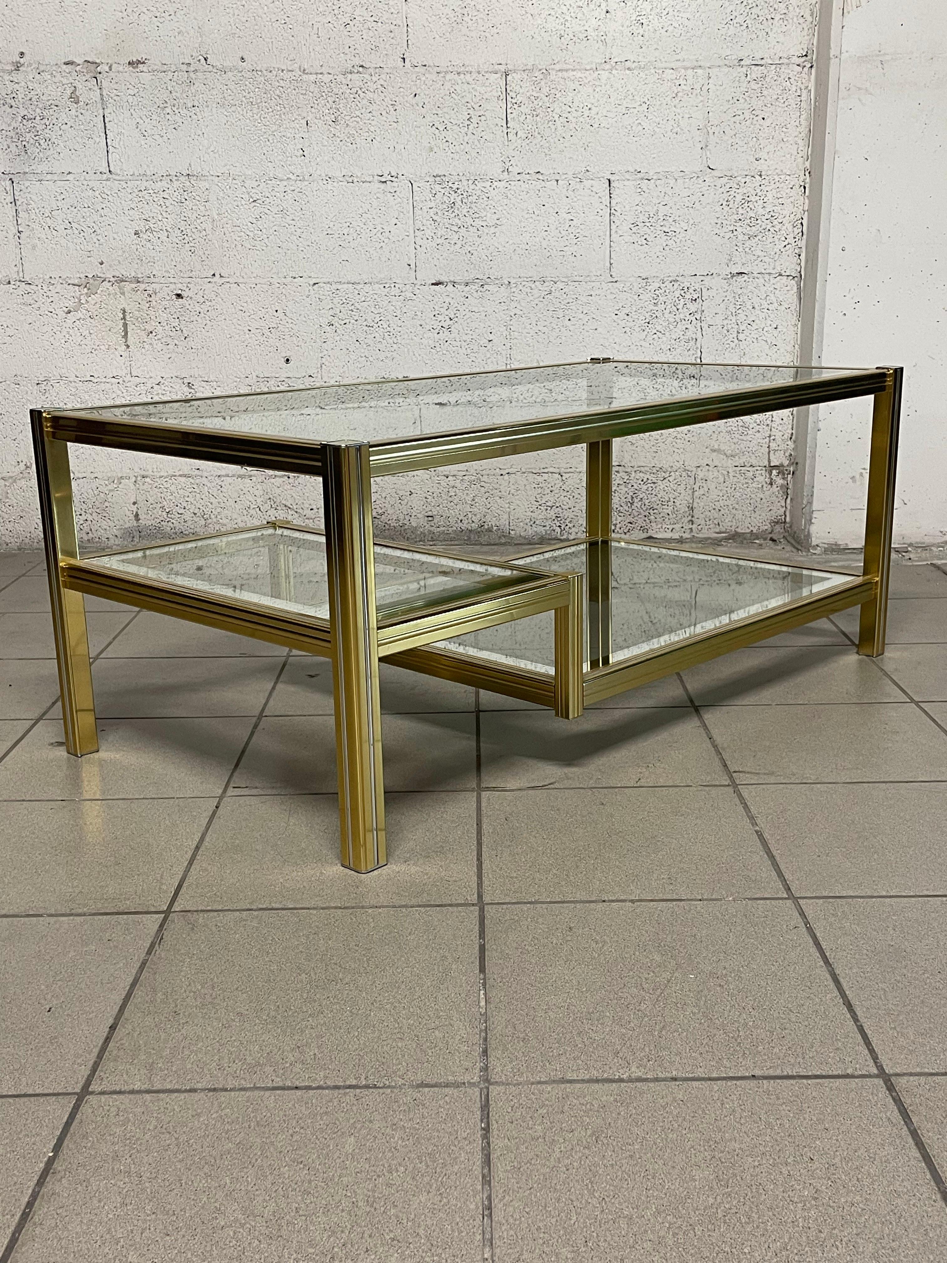 Brass 1970s living room glass and brass coffee table For Sale