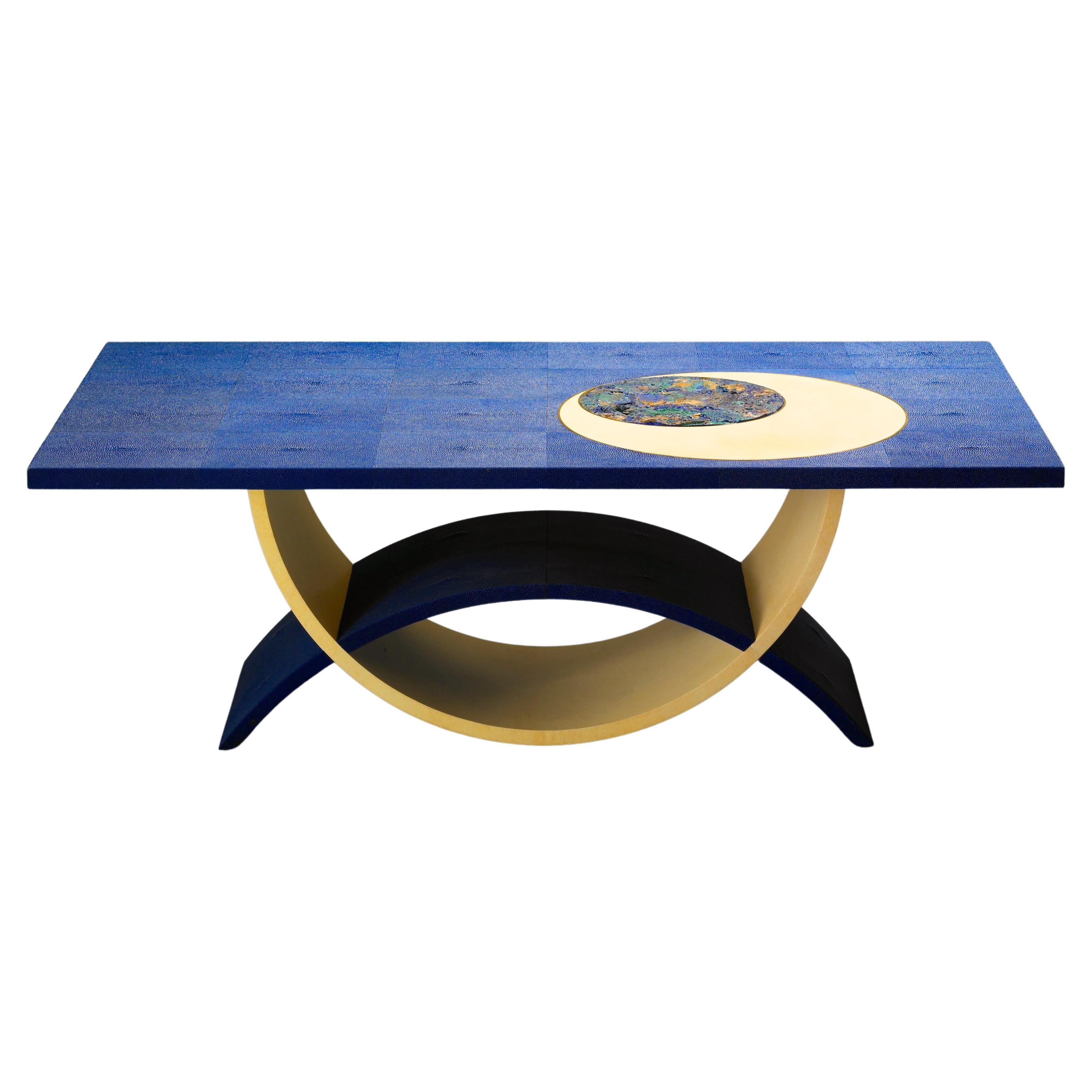 Tavolino Da Salotto Blue Moon Rivestito in Galuchat E Pergamena Giordano Viganò For Sale