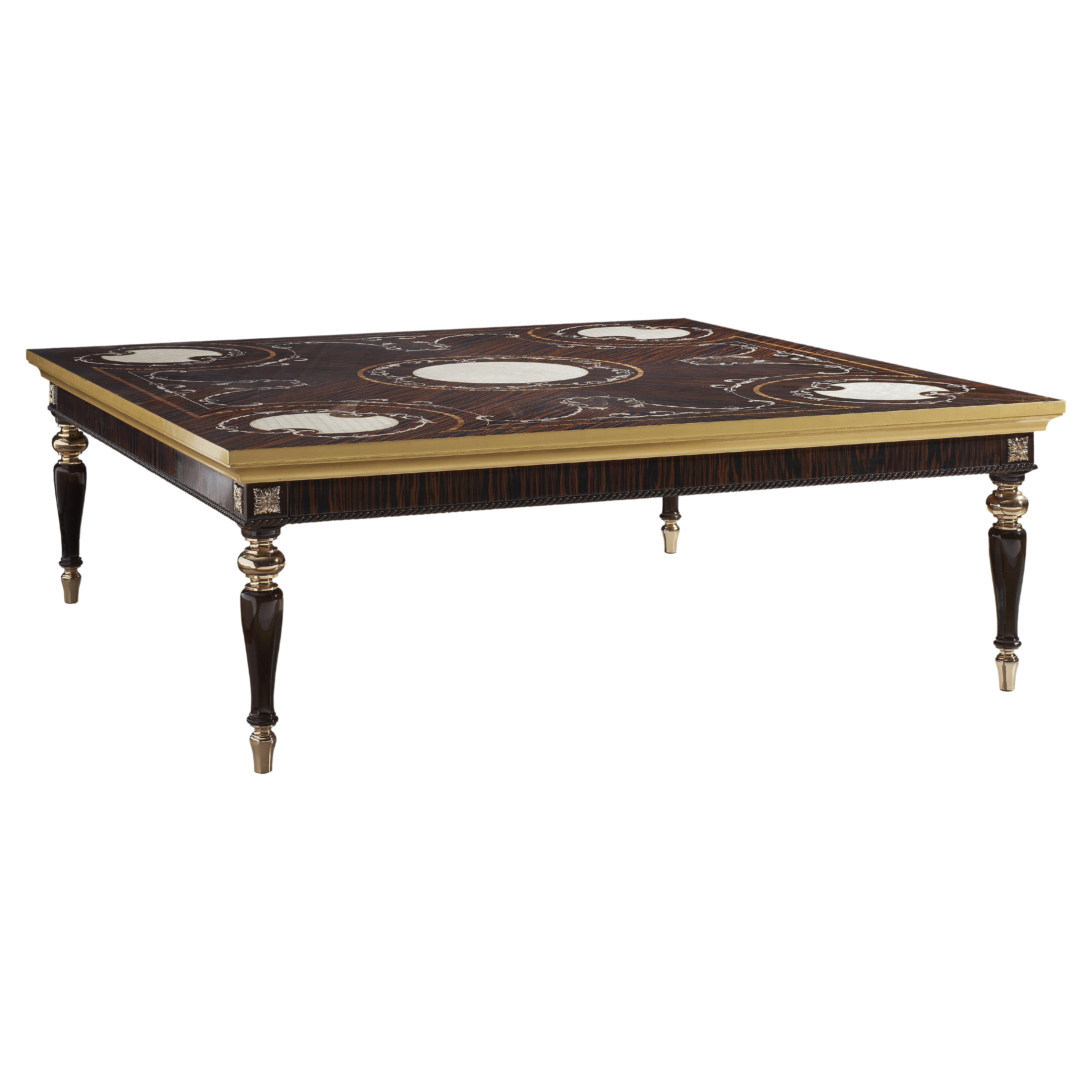 Tavolino da salotto mit Intarsien aus Holz und Mutterperla und gambe in Holz und Metall