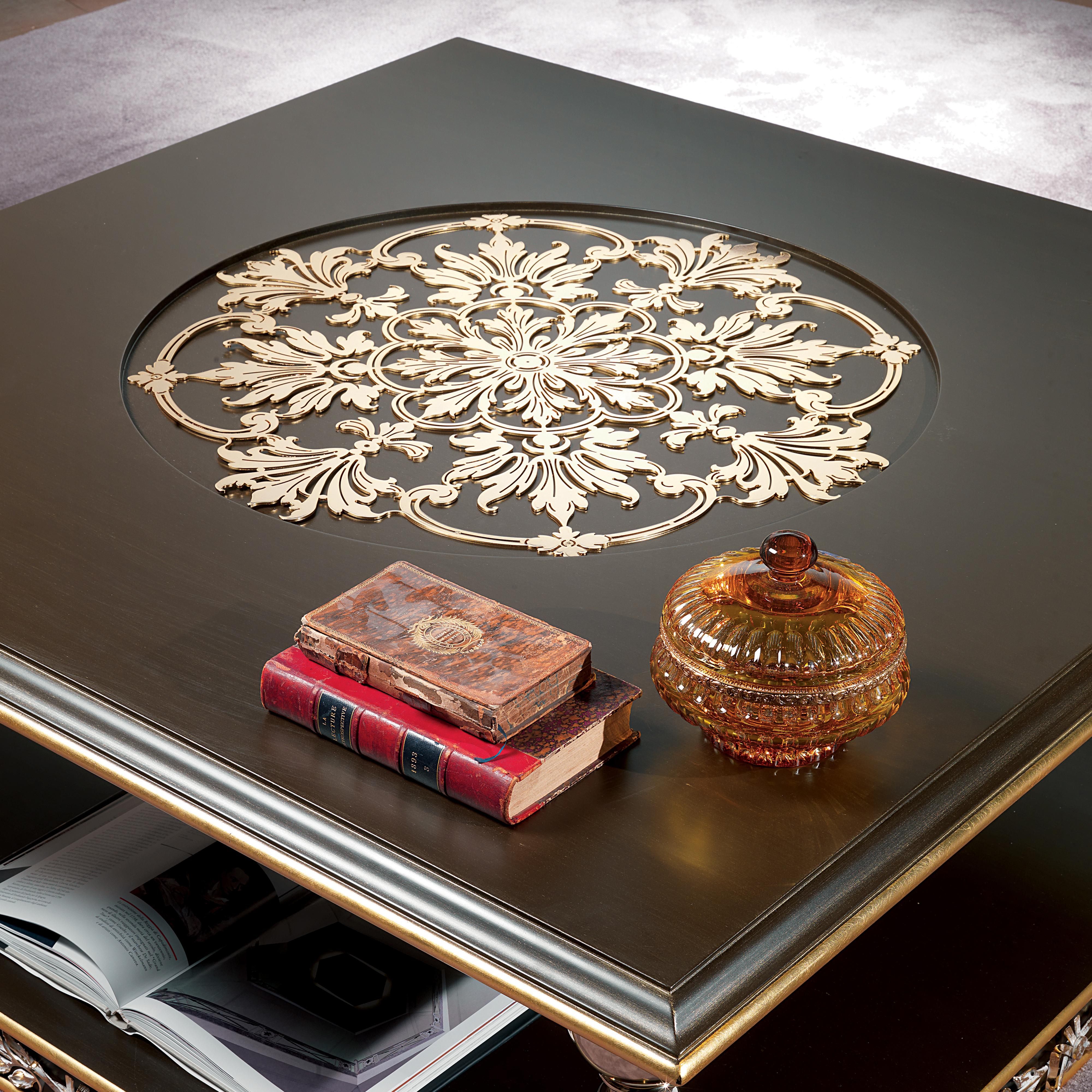Hand-Crafted Wooden coffee table with glass and metal decoration ES074 For Sale