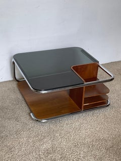Wood, glass, and steel coffee table, "CHROME ONE," 1970s
