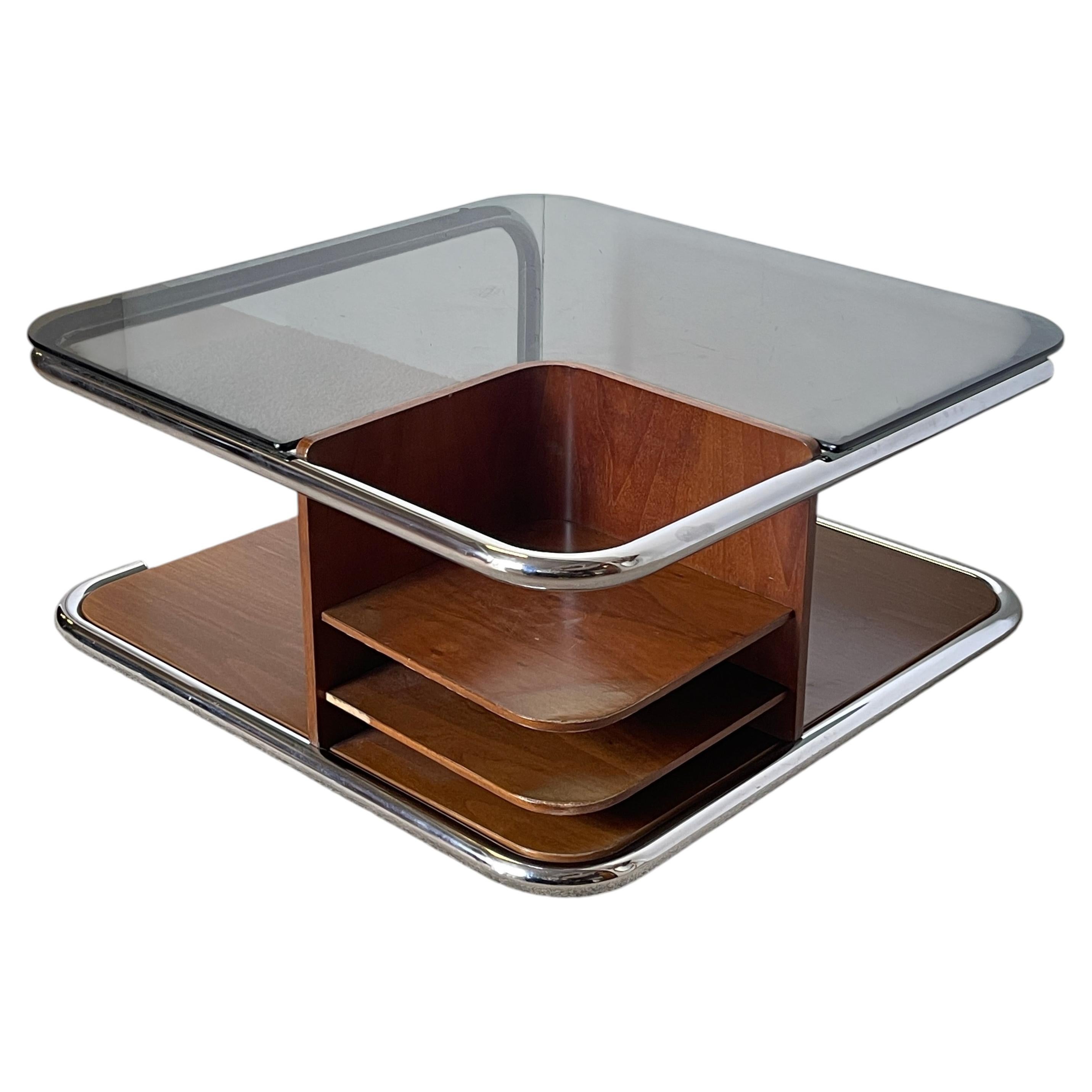 Table basse de salon en bois, verre et acier, « CHROME ONE », années 70