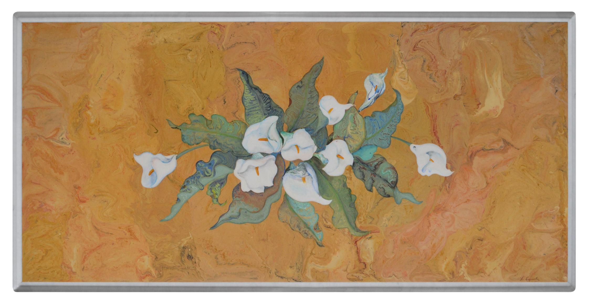 Neoclassical Coffee Table Living Room White Marble Inlaid Calle Flowers, Handmade in Italy For Sale