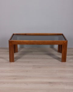 Tavolino da salotto vintage anni 70 in legno e vetro fumè design Italiano