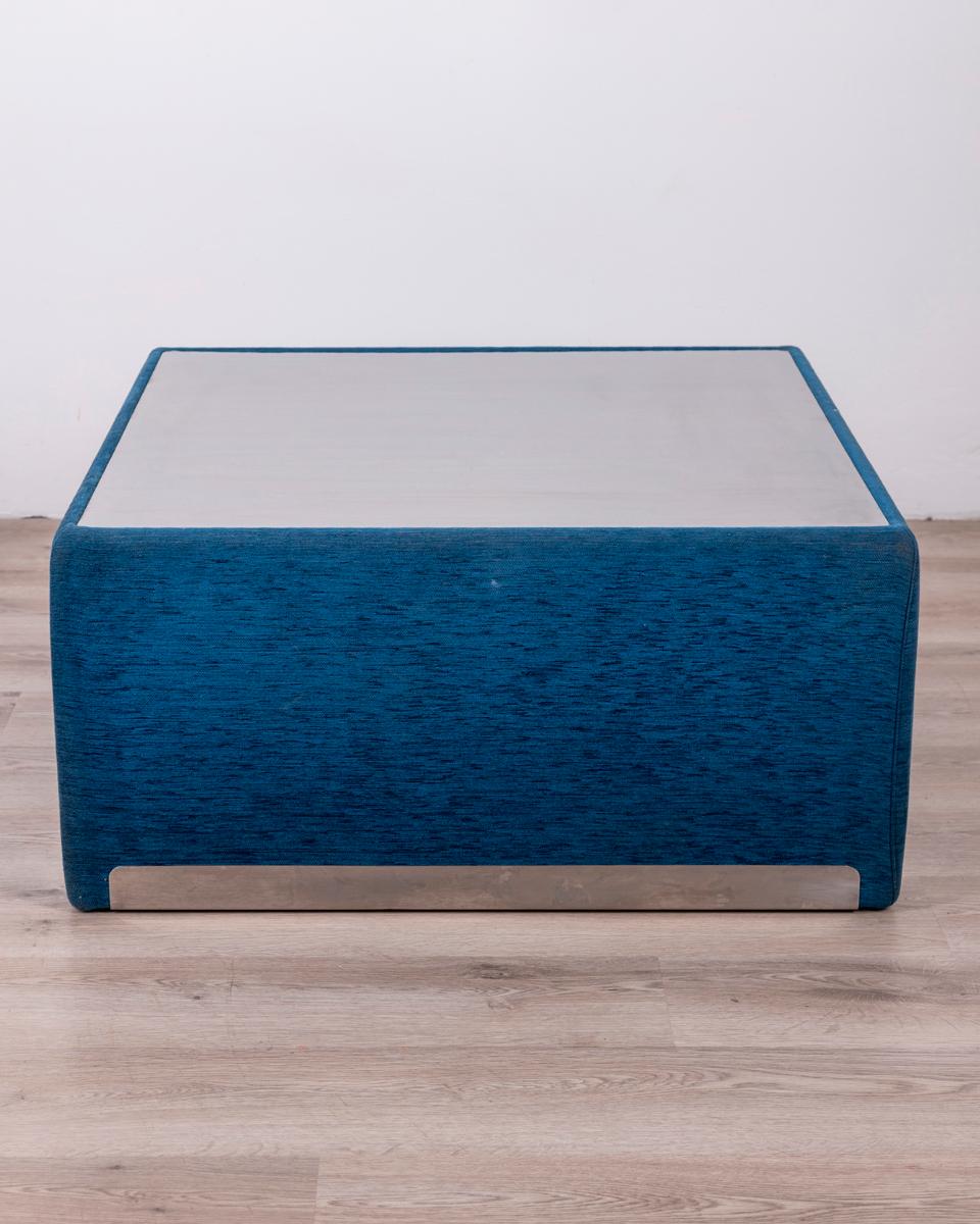 Coffee table with blue fabric cover and mirrored metal top, Saporiti design, 1970s.

CONDITION: In good condition, shows signs of wear given by time.

DIMENSIONS: Height 42 cm; Width 88 cm; Length 88 cm

MATERIAL: Metal and Fabric

YEAR OF
