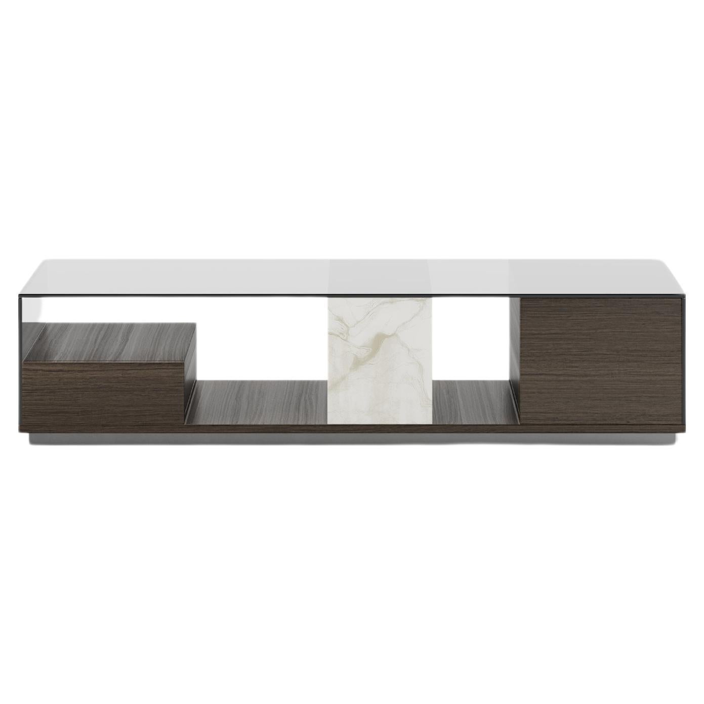 Table basse décorative Ryan, cadre en bois, verre fumé, marbre, métal en vente