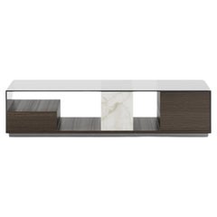 Table basse décorative Ryan, cadre en bois, verre fumé, marbre, métal