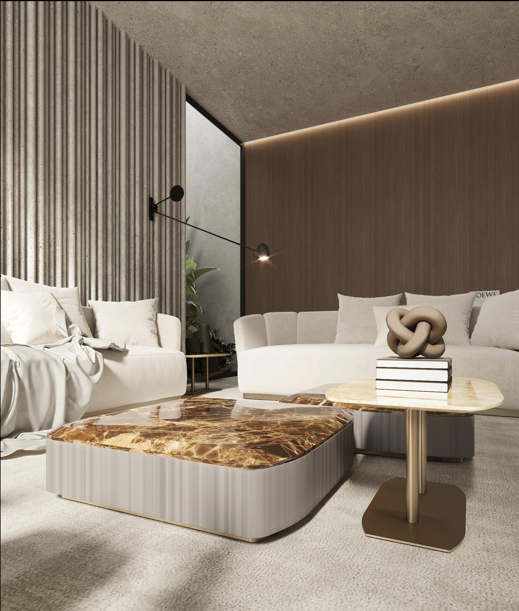 Modern Donald coffee table, wood frame, marble top, metal base For Sale