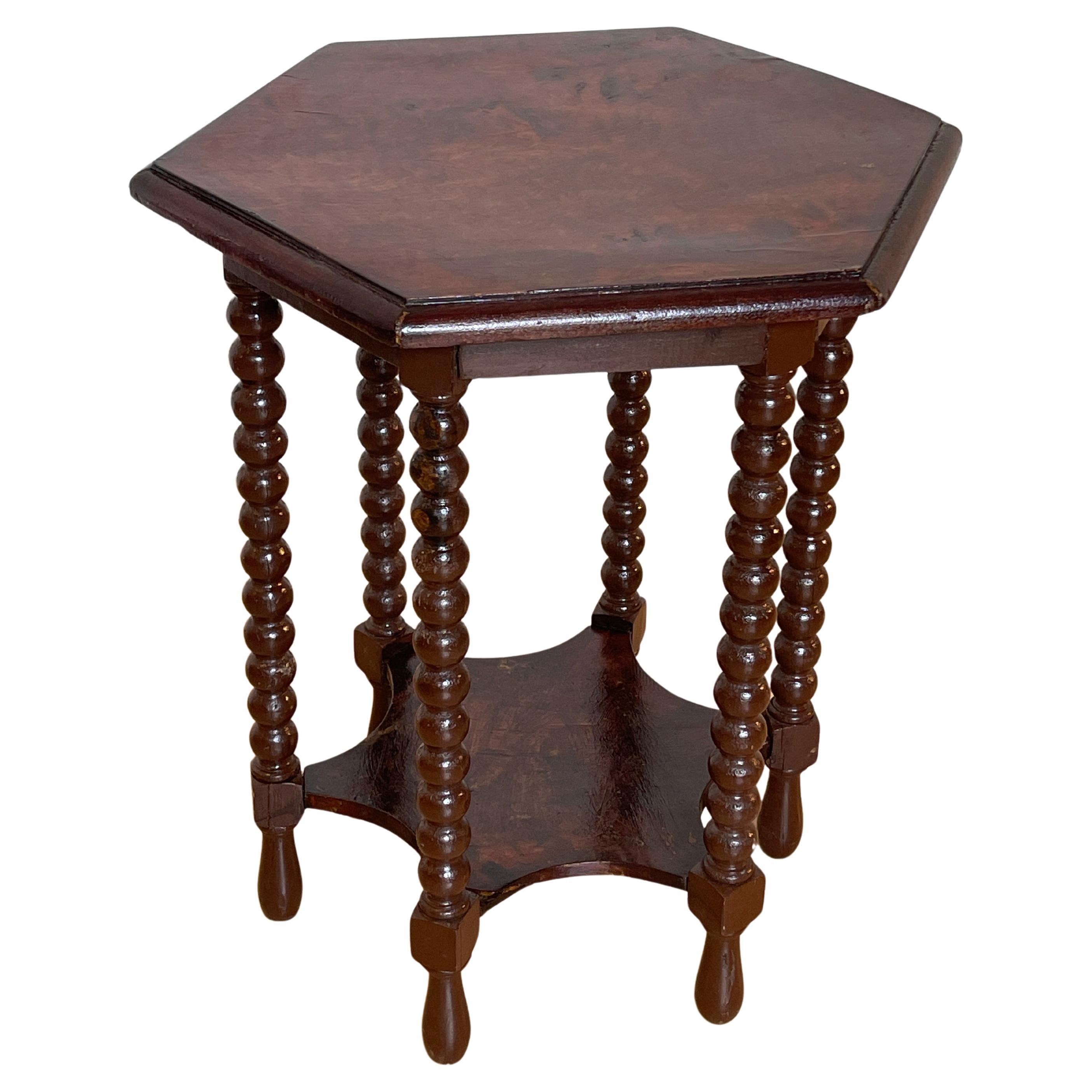 Hexagonal Carved Wood Side Table with Turned Legs