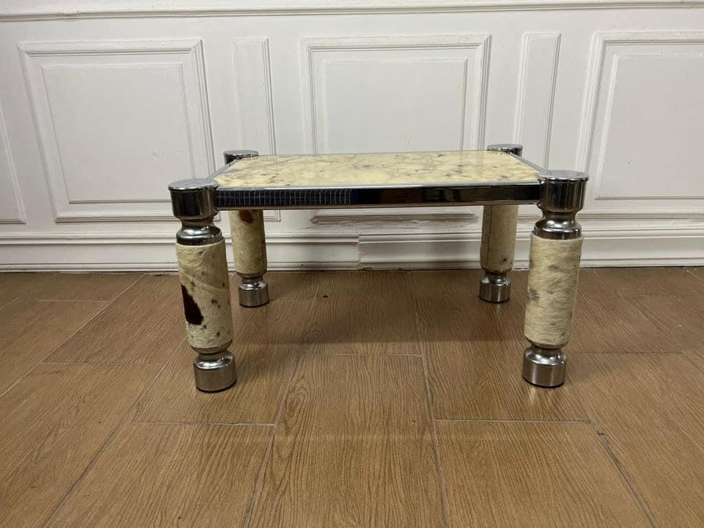 Coffee table with metal frame plus cover on cowhide feet , 4 plastic studs where inside fits an alabaster top, Measures : length 80 cm, width 55 cm, height 45 cm 