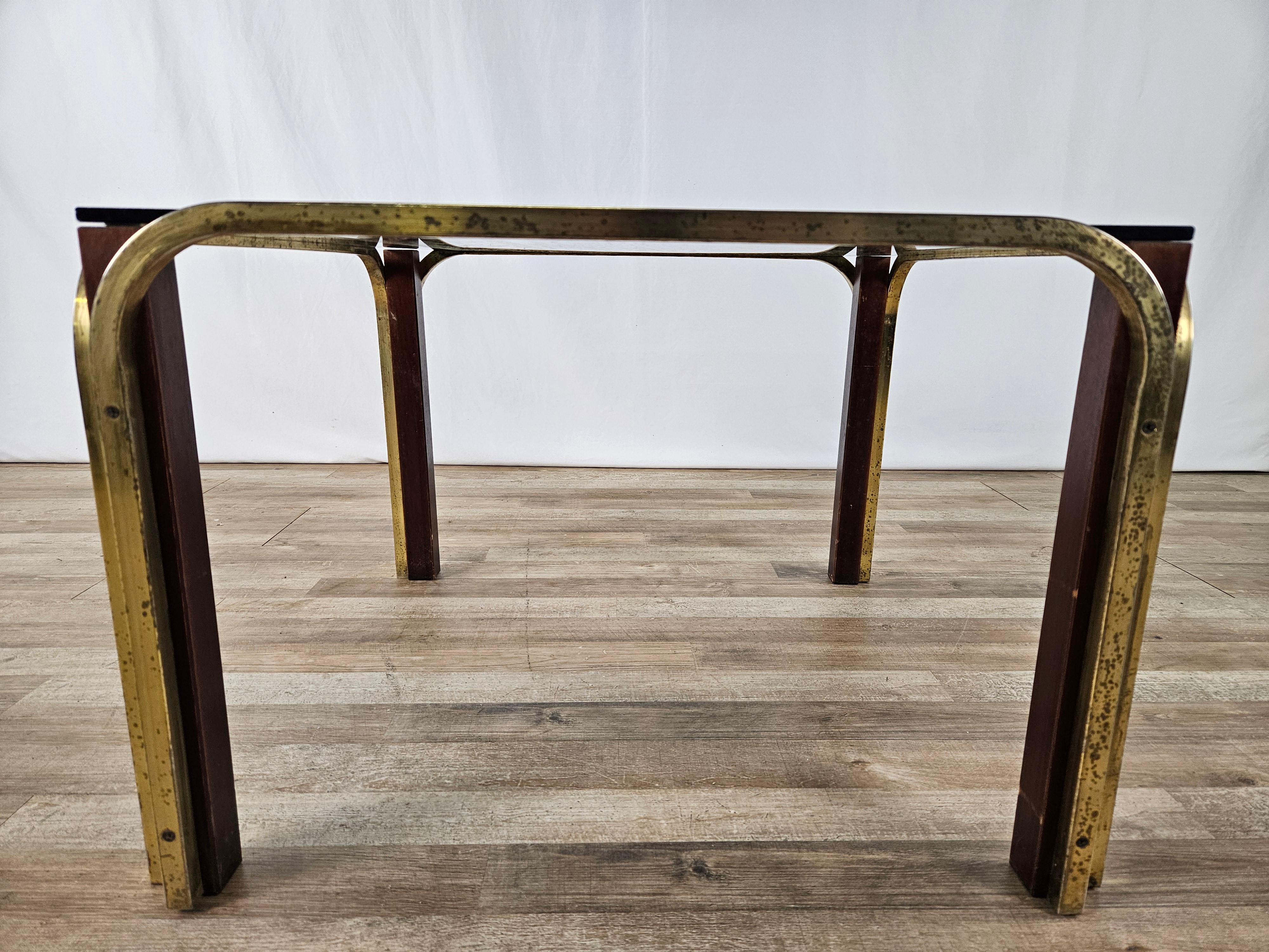 Italian Gold metal and smoked glass coffee table 1970s For Sale
