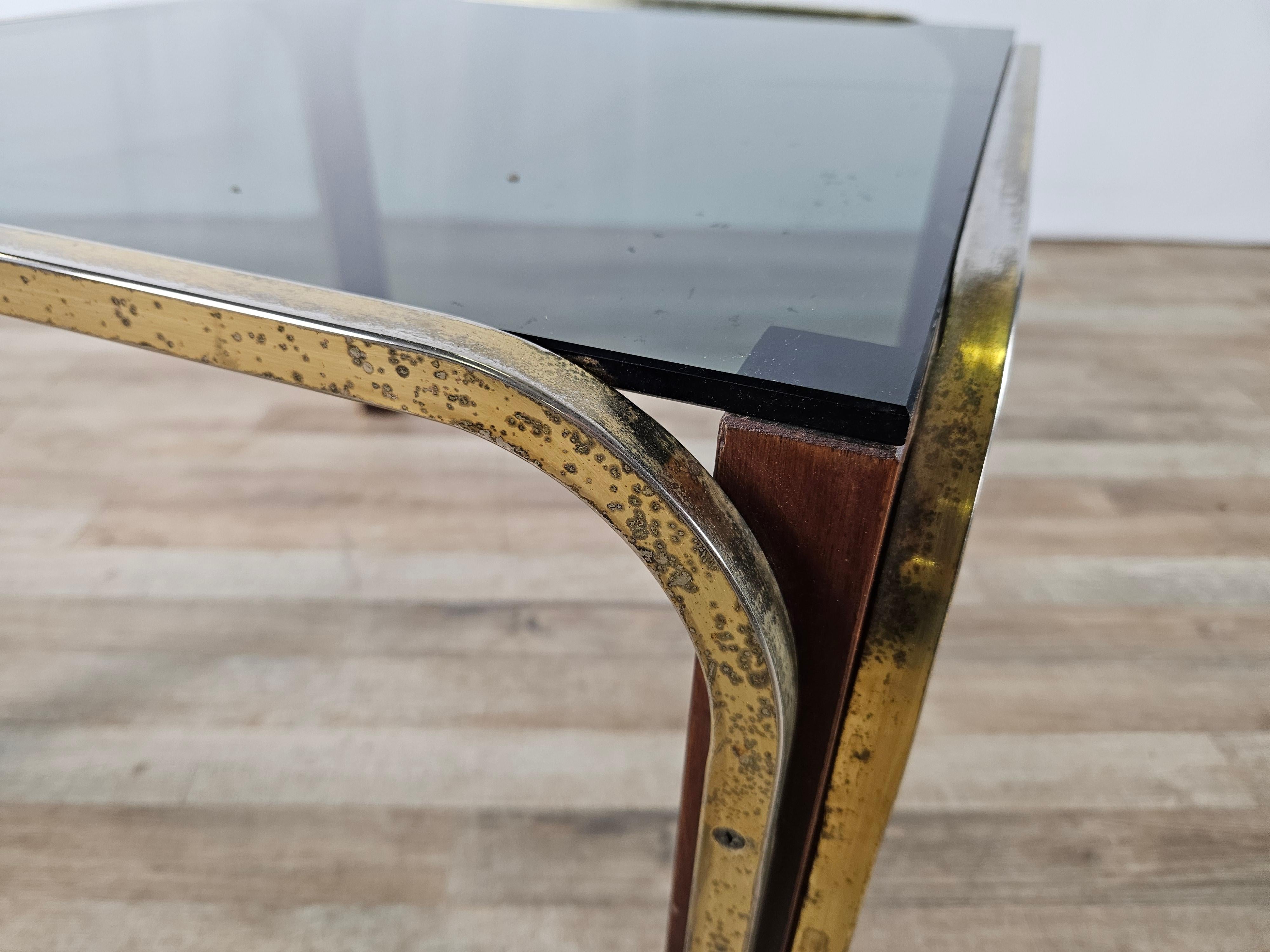 Late 20th Century Gold metal and smoked glass coffee table 1970s For Sale