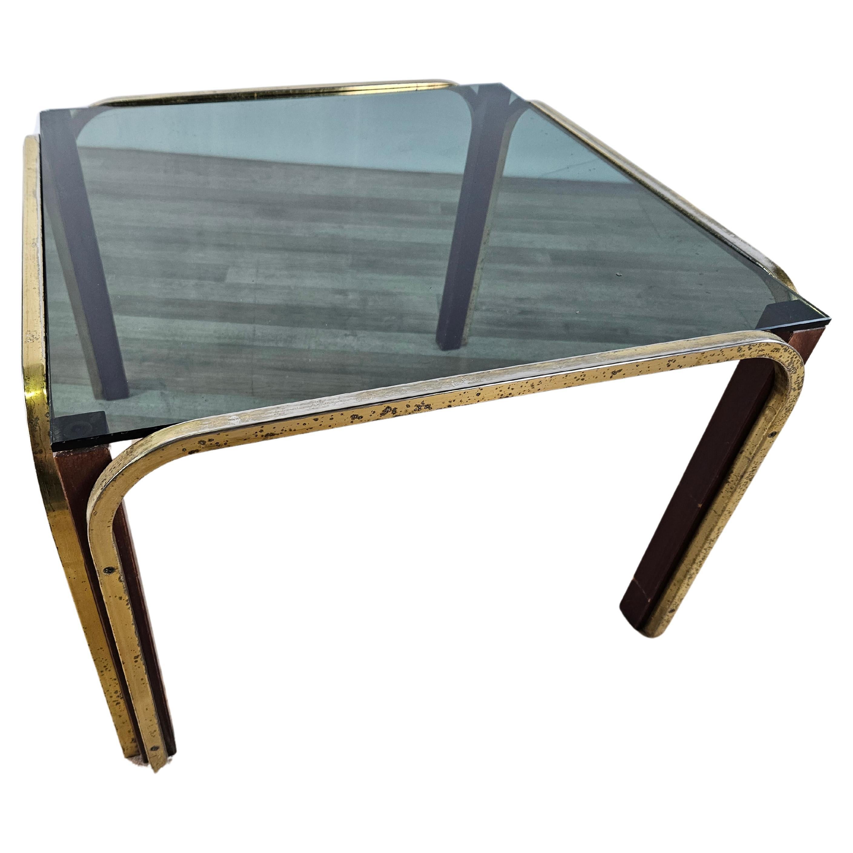 Gold metal and smoked glass coffee table 1970s For Sale
