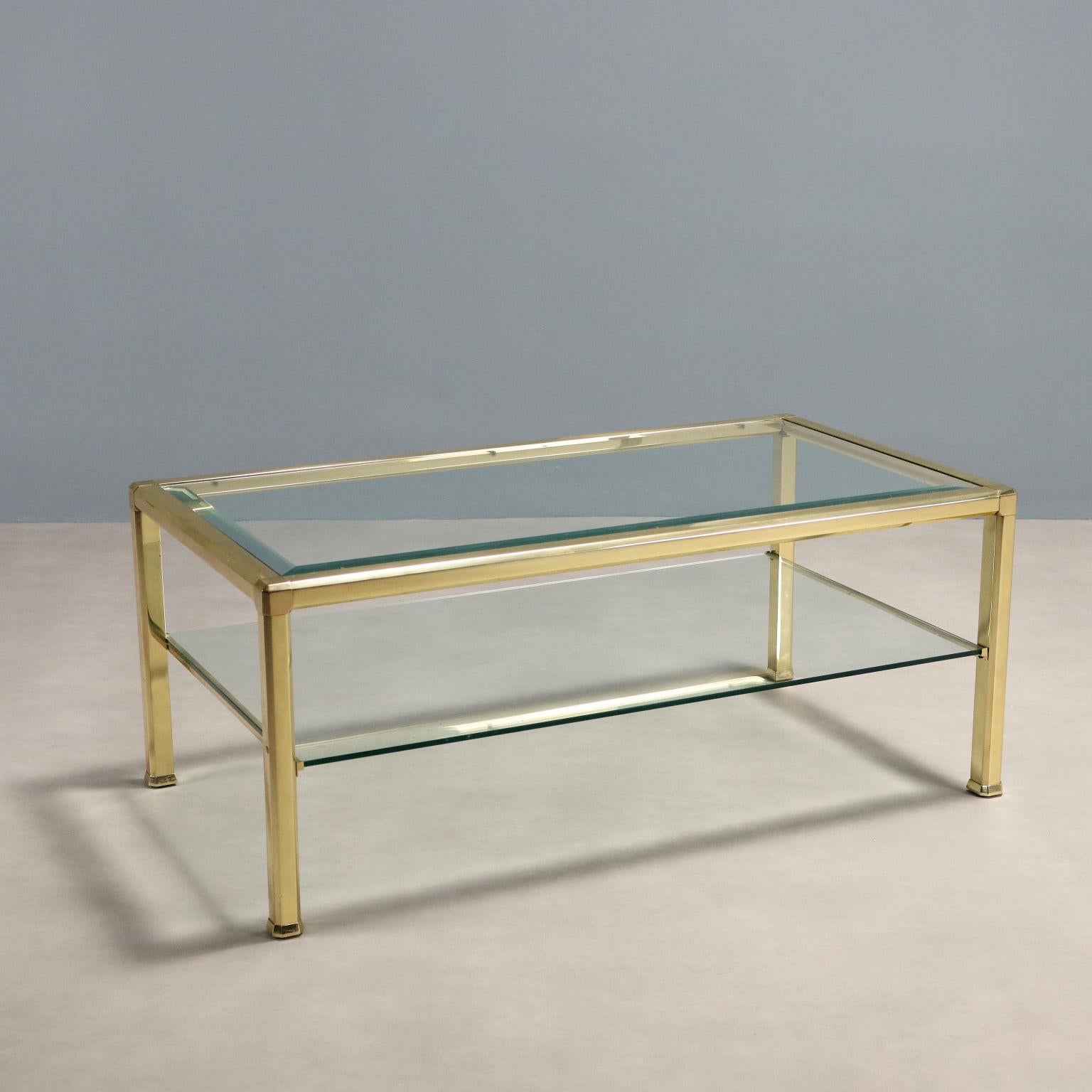 Double-top center table, brass and glass. 