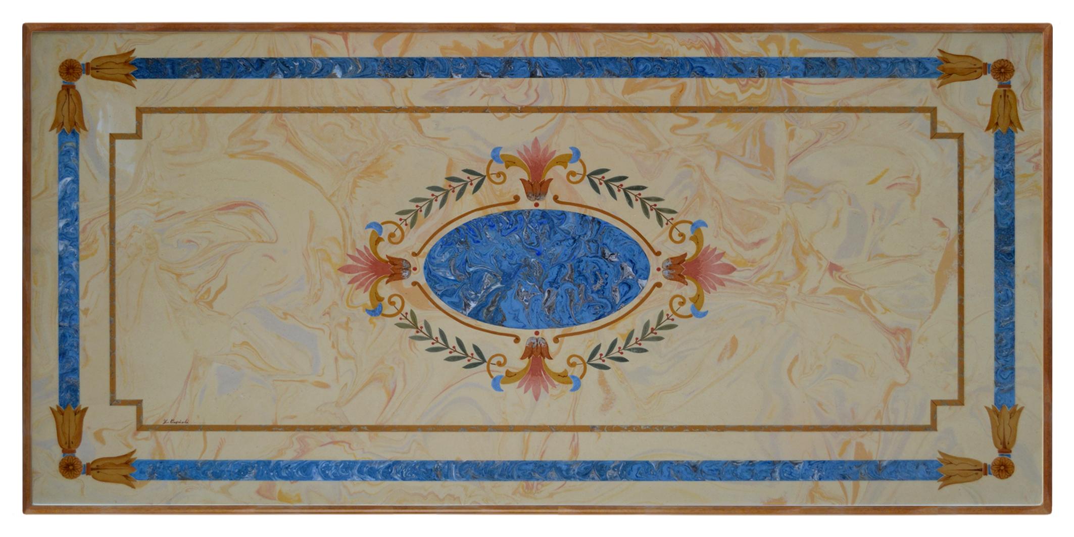Italian Table basse en travertin, incrustations polychromes de Scagliola, Fait main en Italie en vente