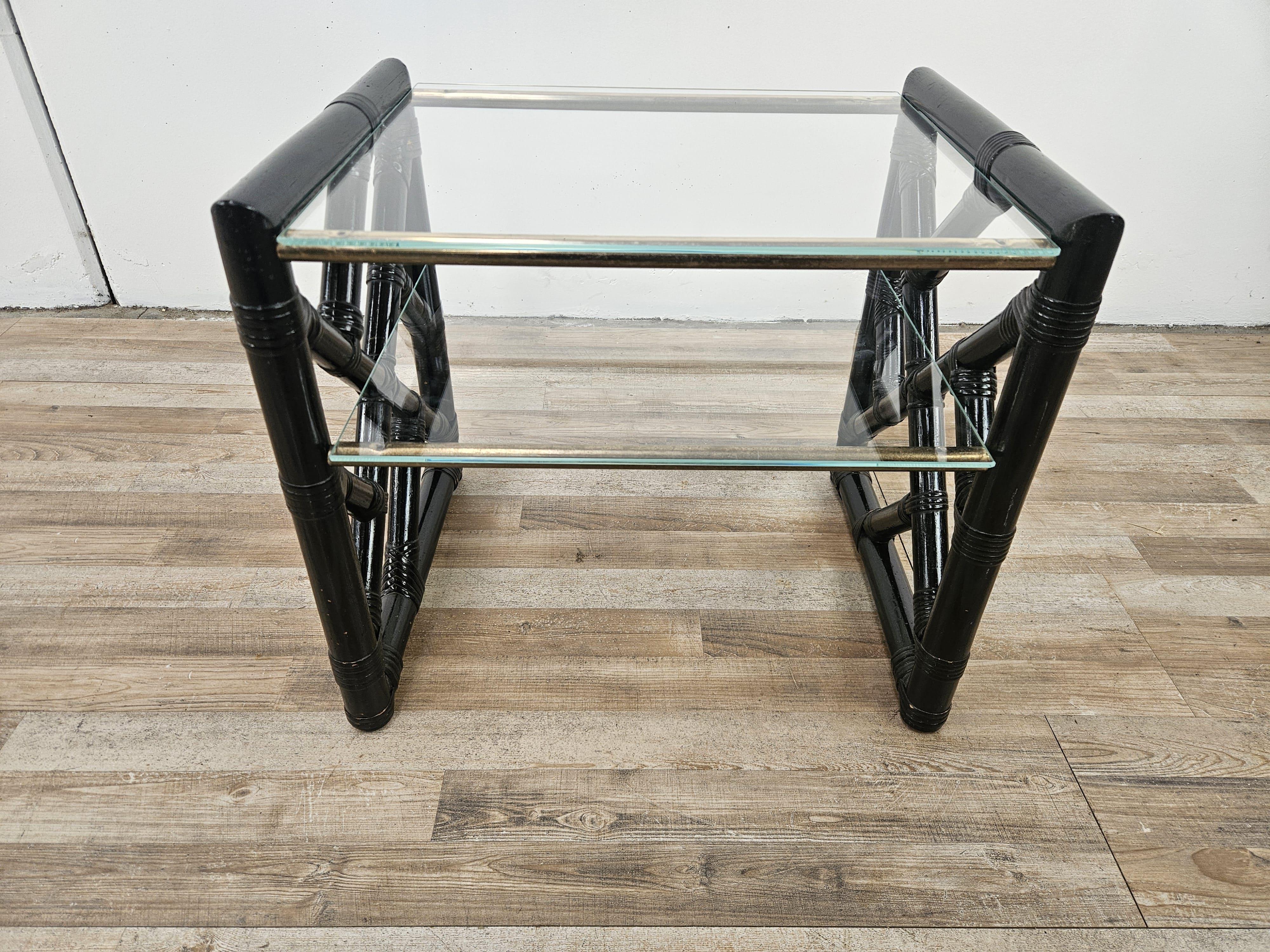 Mid-Century Modern Black lacquered wicker coffee table with two glass tops, 1970s For Sale