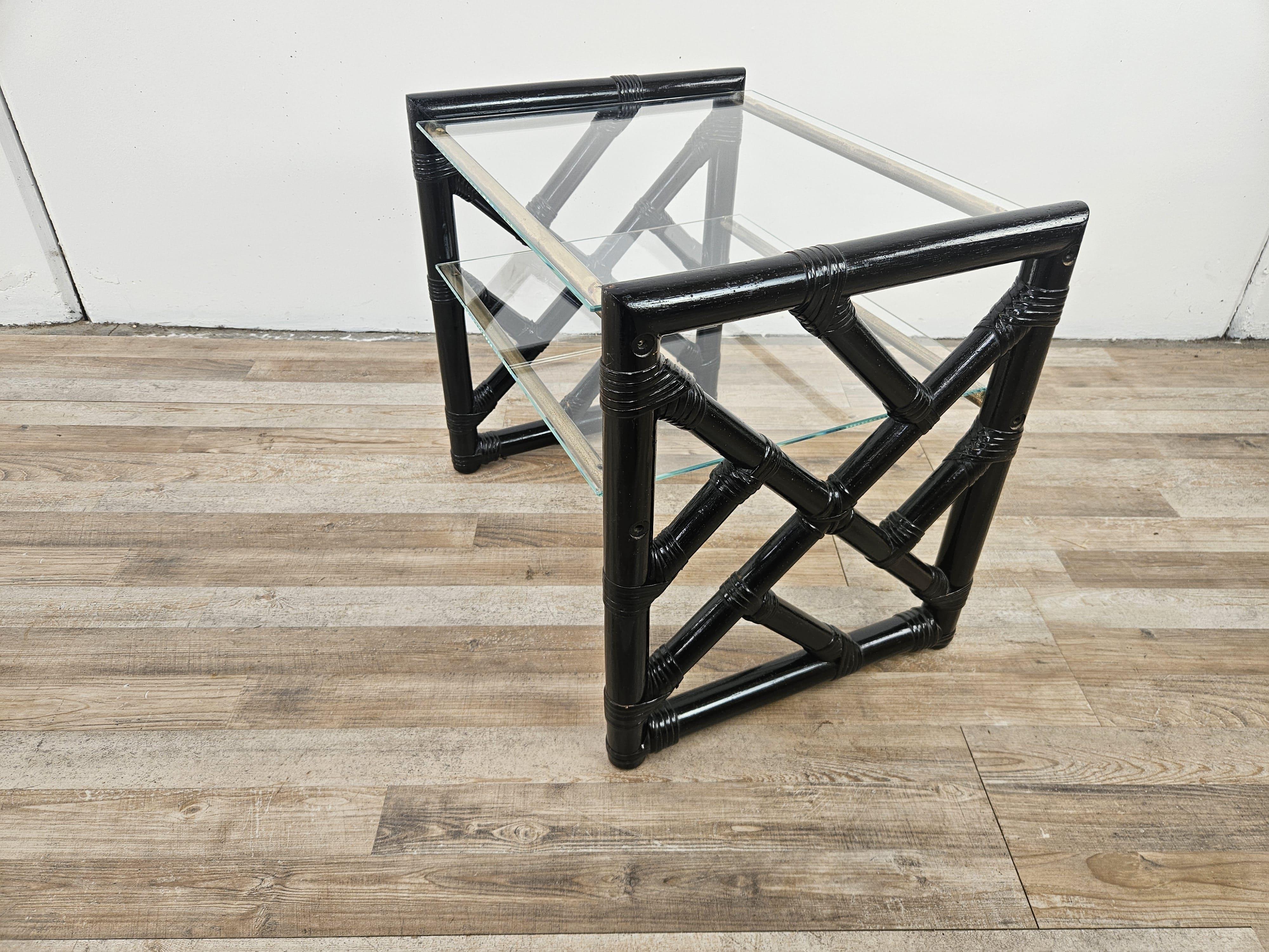 Italian Black lacquered wicker coffee table with two glass tops, 1970s For Sale